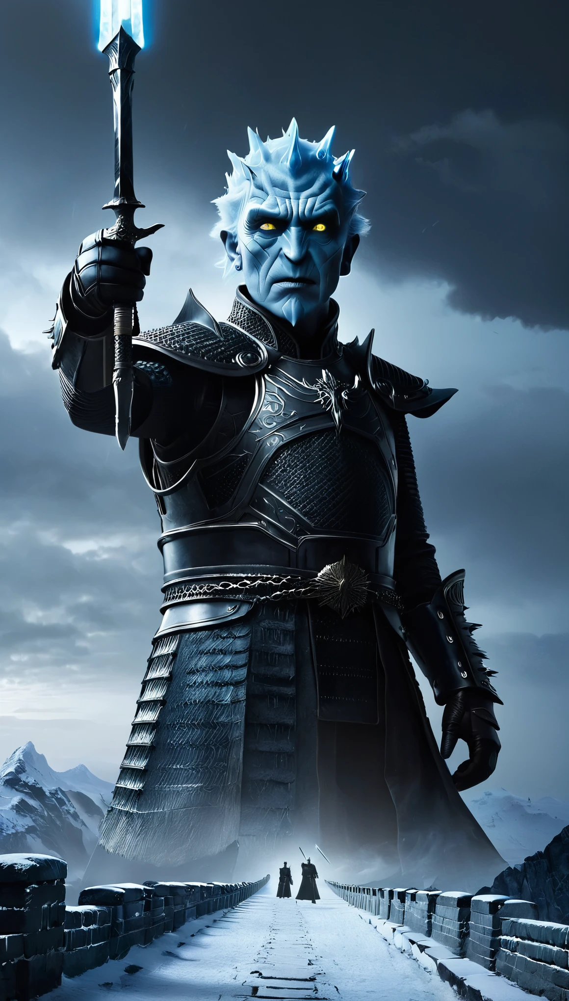 role conception,portrait,The appearance of the Night King is full of mystery、Cold and strong sense of power,The appearance of the Night King is very unique。His face is like a withered bone,Gives people a dead and cold feeling。His figure is like a long sword,Tall and straight,Revealing a kind of majesty and strength。His skin is whiter than milk,In stark contrast to his overall image。 The Night King's eyes are deep blue,Burning coldly like black ice,It gives an unfathomable feeling。There was a kind of coldness and cruelty in his eyes,suddenly white as fresh snow,Suddenly dark as a long night,Like the ever-changing night sky。The body is dotted with the deep gray green of the foreseems to be telling his mystery and power。 The weapon in the Night King's hand emits a strange faint blue light,A light that seems to shine in the darkness。In a fight,His weapons make sounds like animal wails that exceed the limits of human hearing.,It's scary。When the Night King Meets His Nemesis Dragonglass,He will bleed blue blood,This is one of his unique physical characteristics。《game of Thrones》Great Wall of China,one(Cliffs made entirely of ice and snow stretch for dozens of miles.:0.85),digitally rendered,Standing tall,become a strong barrier,(The Great Wall separates the Night's Watch from the White Walkers.),(Lots and lots of Night's Watch and armies of White Walkers),background:The wind is cold、Blizzard-raging environment,Create a sense of foreboding and danger。