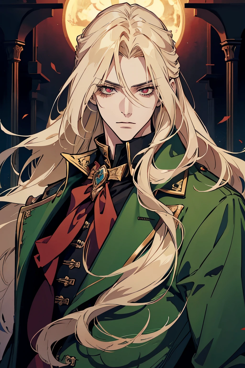anime, a man with long blonde hair and a green coat, alucard, castelvania, beautiful androgynous prince, magical blond prince, delicate androgynous prince, handsome male vampire, casimir art, anime handsome man, key anime art, l vampire, fin wildcloak, johan liebert mixed with alucard, male vampire, red eyes, detailed 30 year old male face