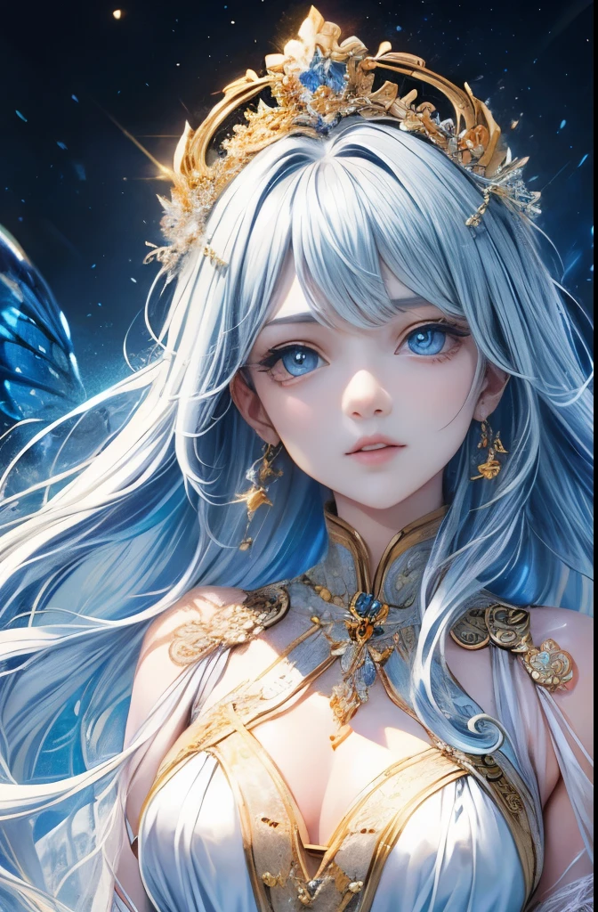 (beautiful,Upper body details,lonely,lid coat dress,detailed facial features,flowing long hair,almond shaped eyes,intricate eye makeup,long fluttering eyelashes,Big eyes and starry blinks,exquisite lip detail,soft and harmonious style),((Glaze-colored hair)),((Bright blue eyes)),((Cosmic hair)),crown,((starry sky background)),goddess,((fantasy empress)),beautiful瞳,gold bracelet,gold ornaments,gold earrings,portrait,looking at the viewer