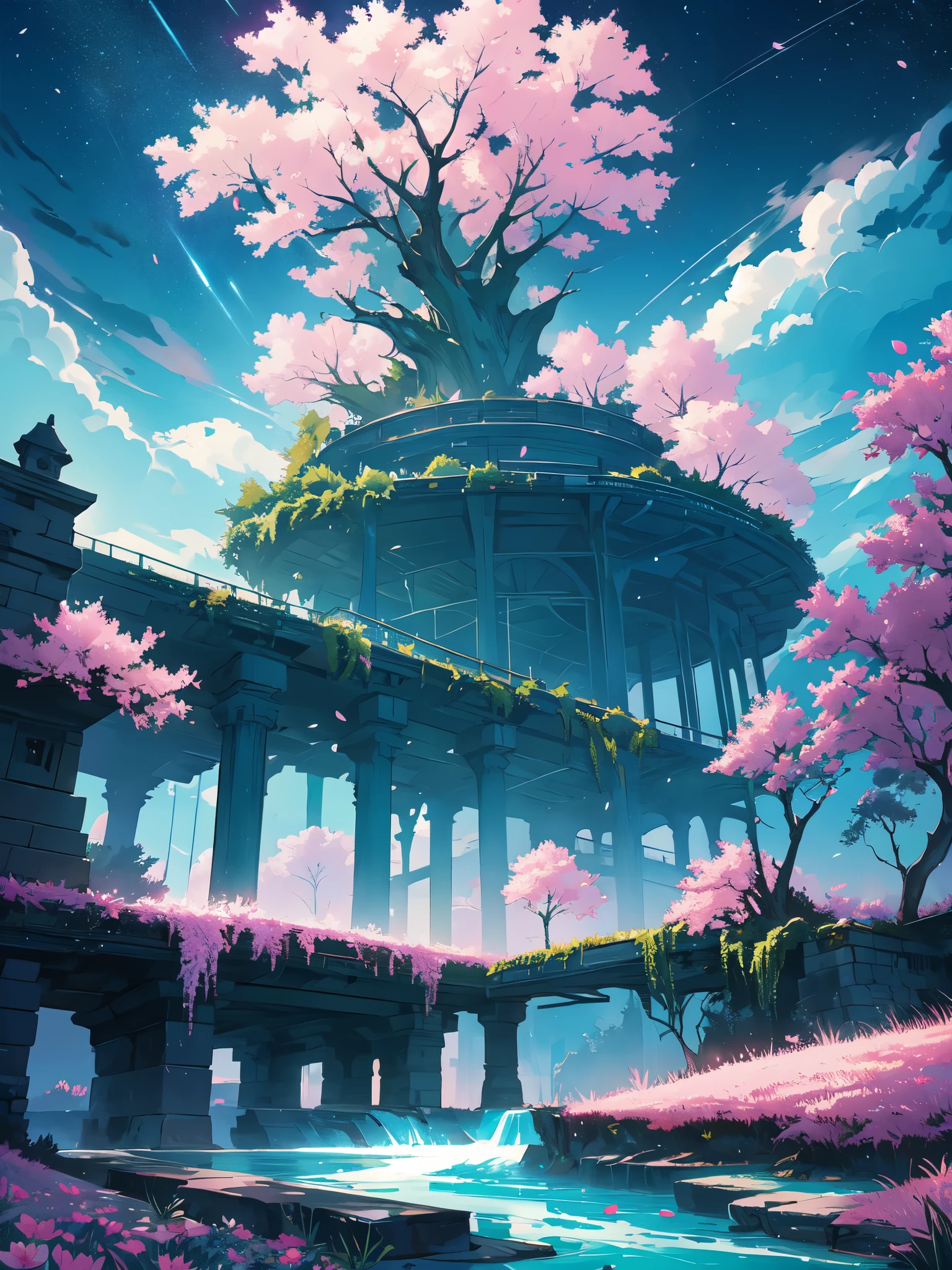 (magical pretty night null green stream overlay scene), (null), (cloud), soft lighting, pretty background, beautiful scenery, masterpiece, high quality, beautiful graphics, high detail, spectacular scenery, garden, flowers, cloud, (night starry null, river behind, huge old tree in the back, Shining pink petals falling behind)