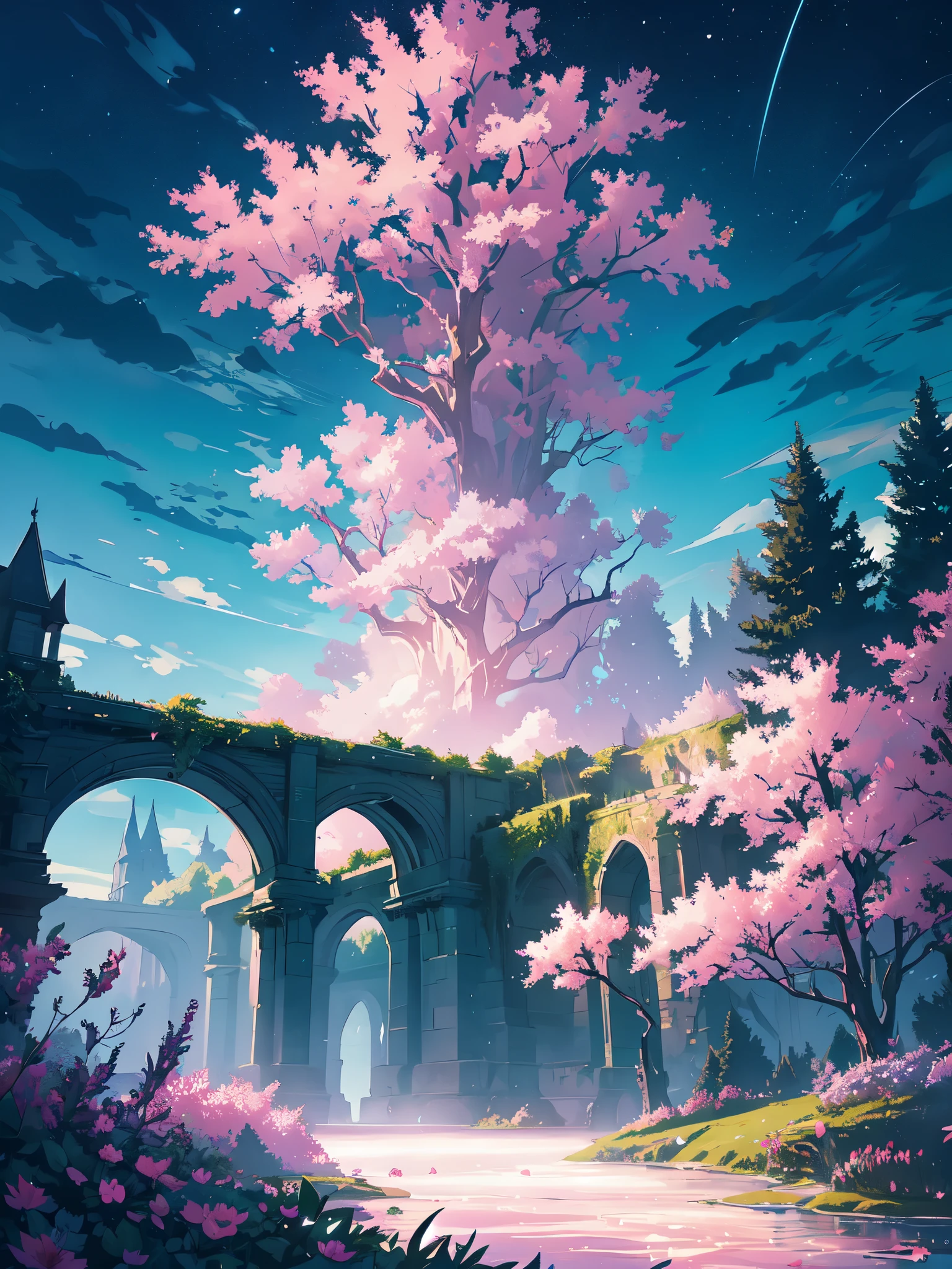 (magical pretty night null green stream overlay scene), (null), (cloud), soft lighting, pretty background, beautiful scenery, masterpiece, high quality, beautiful graphics, high detail, spectacular scenery, garden, flowers, cloud, (night starry null, river behind, huge old tree in the back, Shining pink petals falling behind)