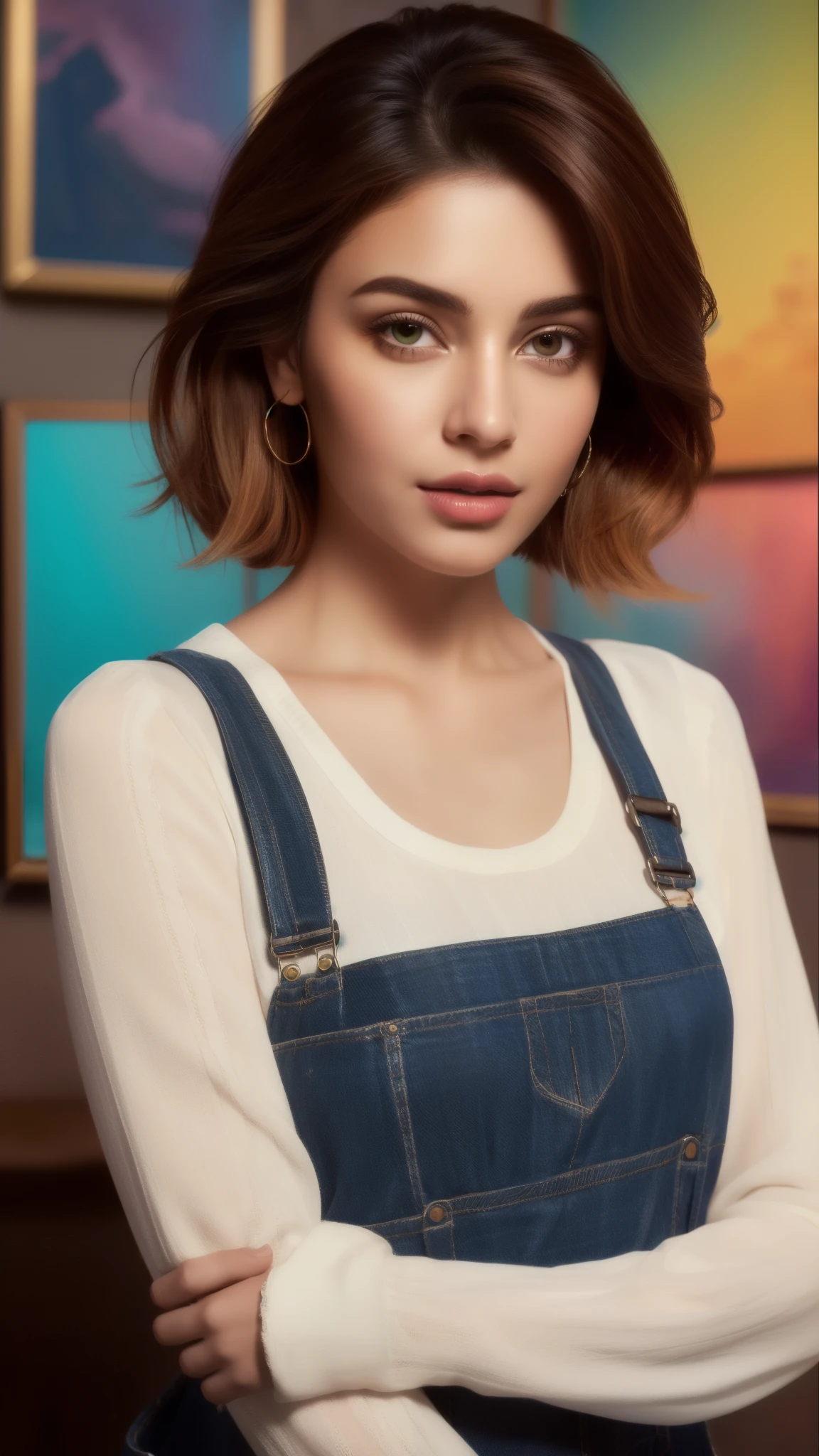 concept art, hyper realistic, indian actress, beautiful gorgeous face, beautiful body, beautiful face, highly detailed, 8K, overhead angle of a beautiful Bollywood model, wearing Funny Somali Emerald deep orange Pinafore, Caramel hair styled as Short hair, fluorescent purple Hair tie, equirectangular 360, Highres,  [(art by Willi Baumeister:1.1), (art by John T. Biggers:1.2)::17], official art, unity 8k wallpaper, ultra detailed, aesthetic, masterpiece, best quality, photorealistic