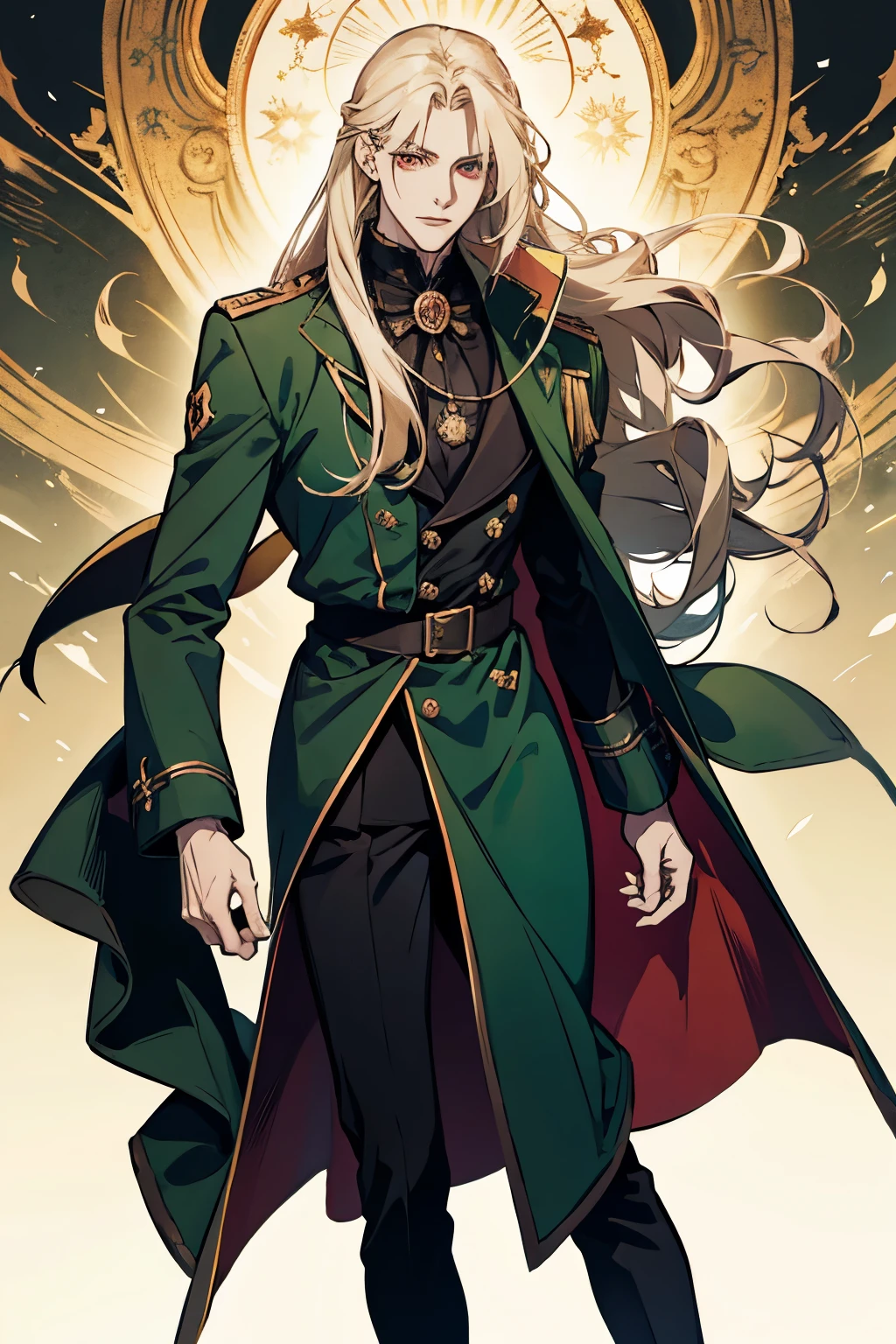 anime, full body, a man with long blonde hair and a green coat, alucard, castelvania, beautiful androgynous prince, magical blond prince, delicate androgynous prince, handsome male vampire, casimir art, anime handsome man, key anime art, l vampire, fin wildcloak, johan liebert mixed with alucard, male vampire, red eyes, detailed 30 year old male face