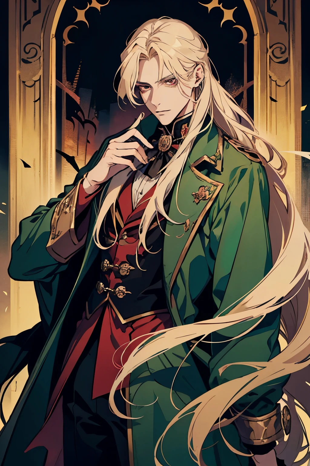 anime, full body, a man with long blonde hair and a green coat, alucard, castelvania, beautiful androgynous prince, magical blond prince, delicate androgynous prince, handsome male vampire, casimir art, anime handsome man, key anime art, l vampire, fin wildcloak, johan liebert mixed with alucard, male vampire, red eyes, detailed 30 year old male face