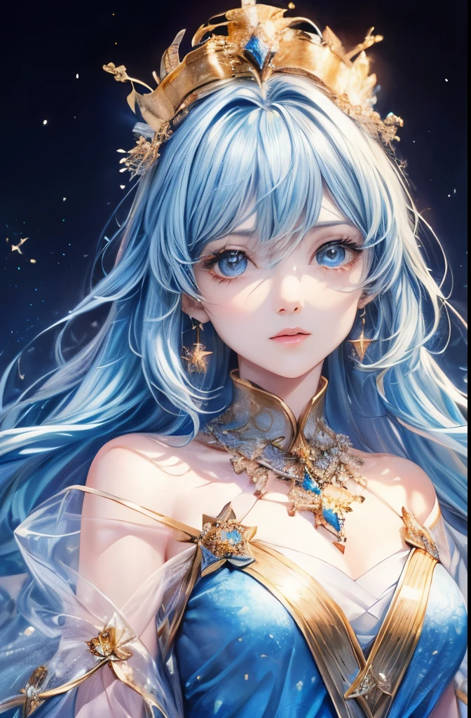 (highest quality,8k,CG,beautiful,Upper body details,lonely,thumb girl,taffeta coat dress,flower background,detailed facial features,flowing long hair,almond shaped eyes,intricate eye makeup,long fluttering eyelashes,Big eyes and starry blinks,exquisite lip detail,soft and harmonious style), ((Glaze-colored hair)),((Bright blue eyes)),((Cosmic hair)),crown,((starry sky background)),goddess,((fantasy empress)),beautiful瞳,gold bracelet,gold ornaments,gold earrings,portrait,looking at the viewer