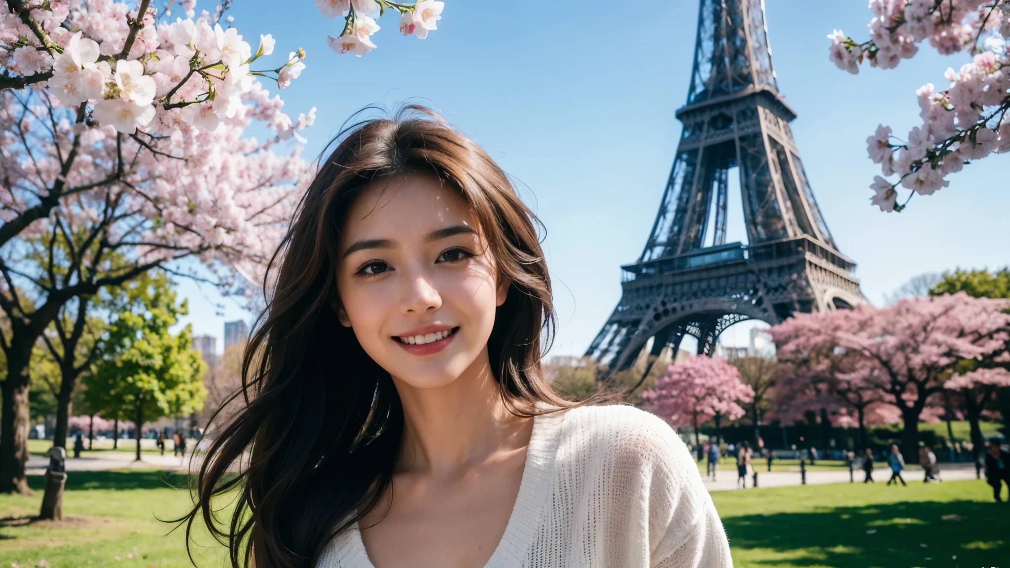 masterpiece, Best Quality, Photorealistic, Ultra-detailed, finely detailed, High resolution, 8K Wallpaper, 1 beautiful woman, light brown hair, sharp focus, Perfect dynamic composition, Beautiful detailed eyes, detailed hairs, Detailed realistic skin texture, Smiling, portrait, Model body type, Take a walk in the park with cherry blossoms and Eiffel Tower background,