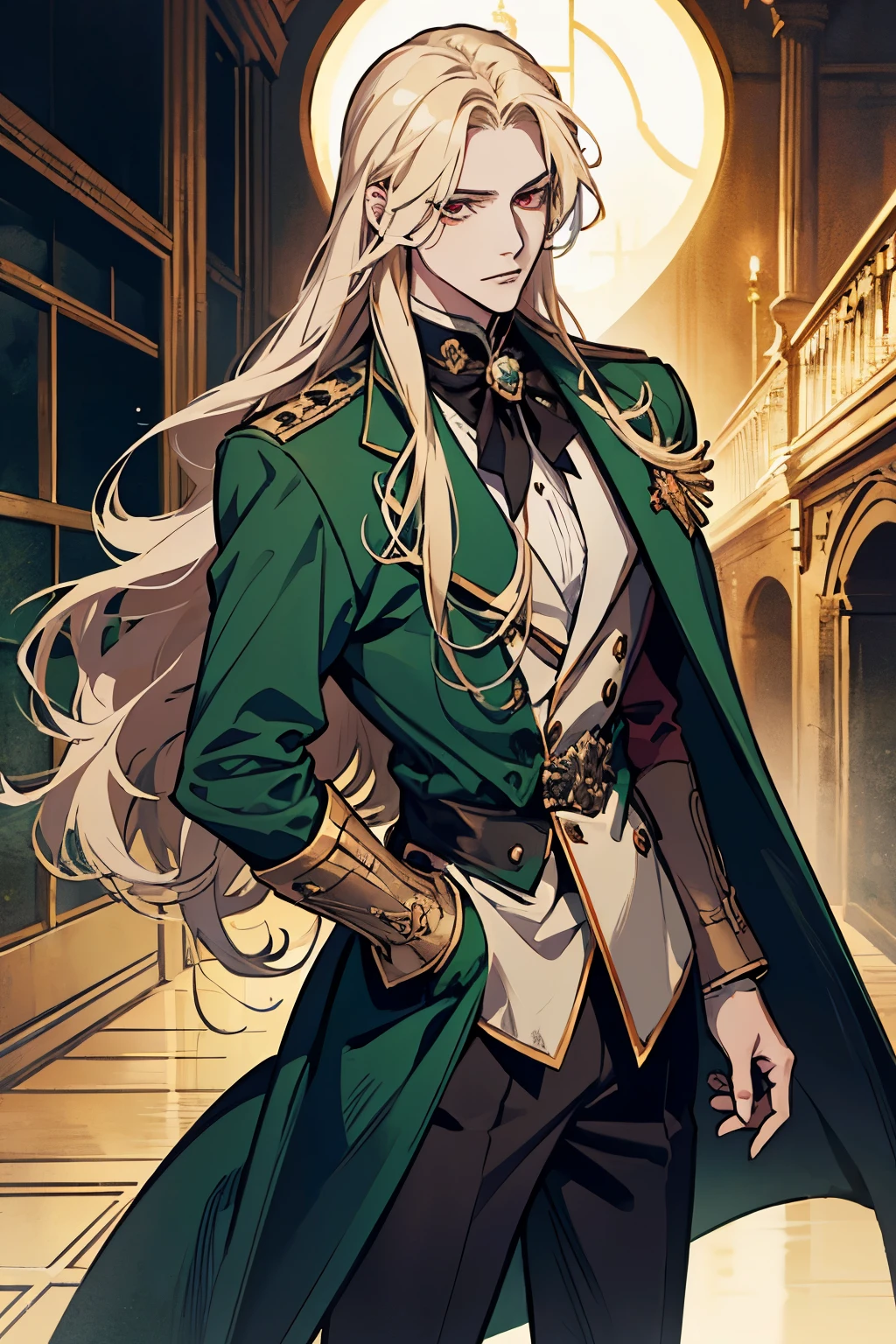 anime, full body, a man with long blonde hair and a green coat, alucard, castelvania, beautiful androgynous prince, magical blond prince, delicate androgynous prince, handsome male vampire, casimir art, anime handsome man, key anime art, l vampire, fin wildcloak, johan liebert mixed with alucard, male vampire, red eyes, detailed 30 year old male face