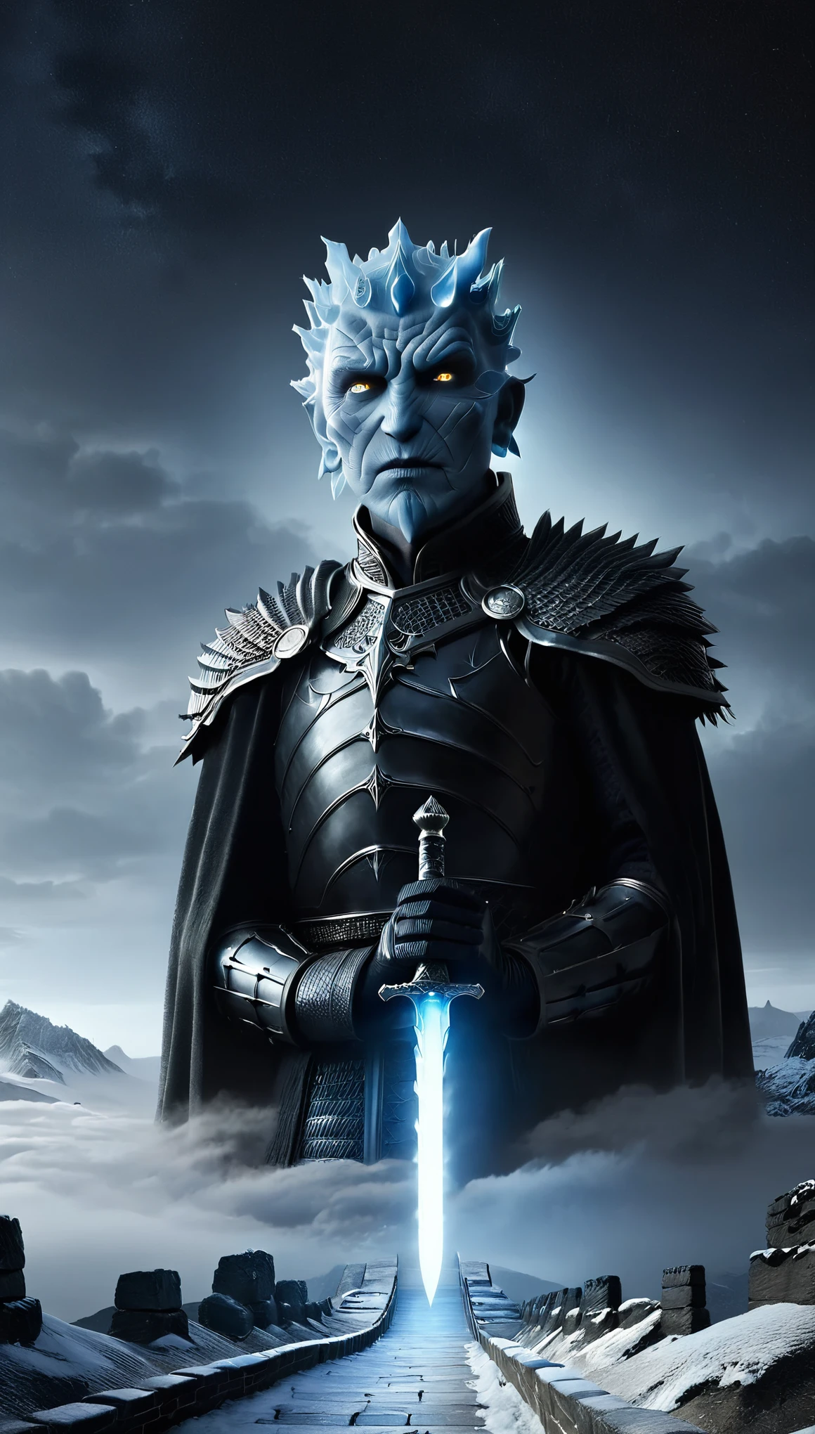 role conception,portrait,The appearance of the Night King is full of mystery、Cold and strong sense of power,The appearance of the Night King is very unique。His face is like a withered bone,Gives people a dead and cold feeling。His figure is like a long sword,Tall and straight,Revealing a kind of majesty and strength。His skin is whiter than milk,In stark contrast to his overall image。 The Night King's eyes are deep blue,Burning coldly like black ice,It gives an unfathomable feeling。There was a kind of coldness and cruelty in his eyes,suddenly white as fresh snow,Suddenly dark as a long night,Like the ever-changing night sky。The body is dotted with the deep gray green of the foreseems to be telling his mystery and power。 The weapon in the Night King's hand emits a strange faint blue light,A light that seems to shine in the darkness。In a fight,His weapons make sounds like animal wails that exceed the limits of human hearing.,It's scary。When the Night King Meets His Nemesis Dragonglass,He will bleed blue blood,This is one of his unique physical characteristics。《game of Thrones》Great Wall of China,one(Cliffs made entirely of ice and snow stretch for dozens of miles.:0.85),digitally rendered,Standing tall,become a strong barrier,(The Great Wall separates the Night's Watch from the White Walkers.),(Lots and lots of Night's Watch and armies of White Walkers),background:The wind is cold、Blizzard-raging environment,Create a sense of foreboding and danger。