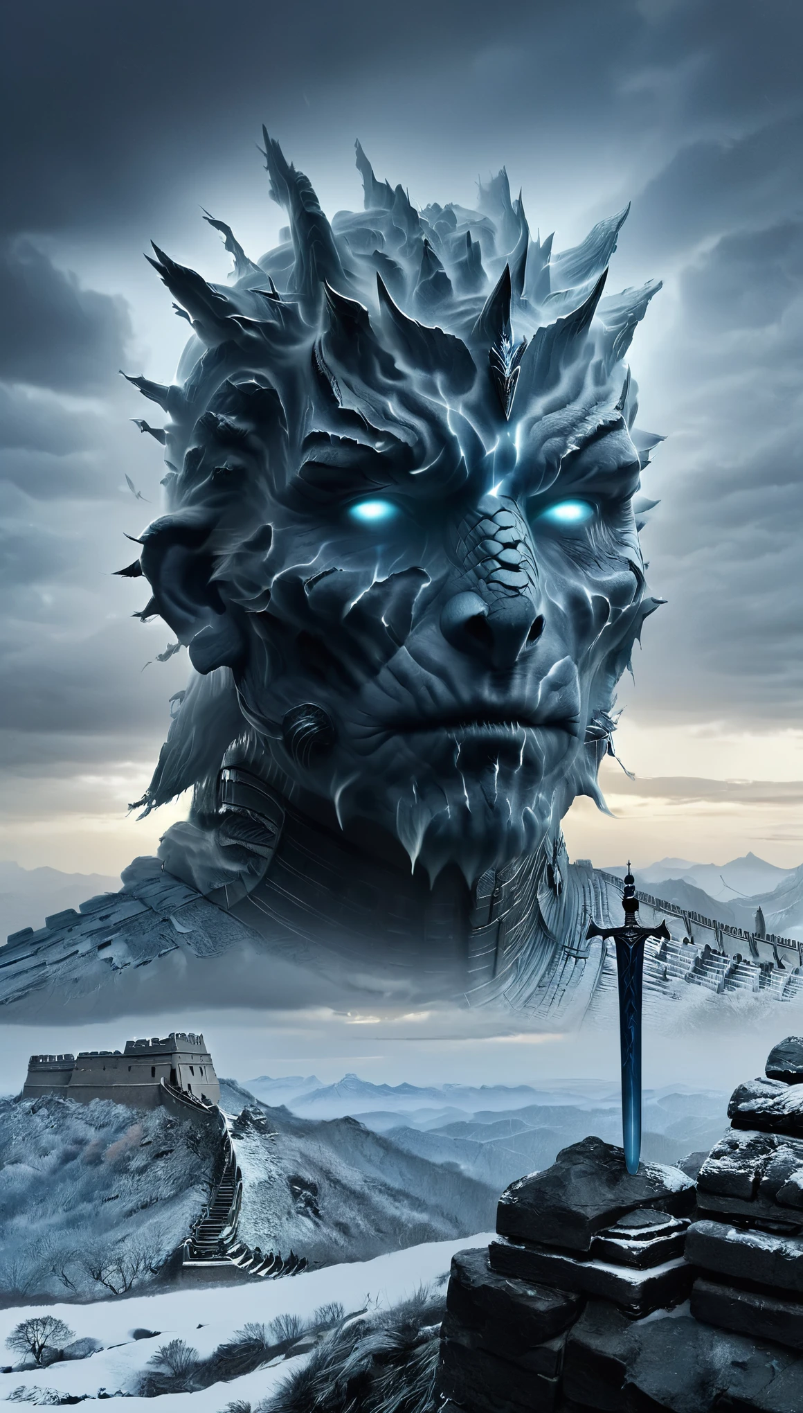 role conception,portrait,The appearance of the Night King is full of mystery、Cold and strong sense of power,The appearance of the Night King is very unique。His face is like a withered bone,Gives people a dead and cold feeling。His figure is like a long sword,Tall and straight,Revealing a kind of majesty and strength。His skin is whiter than milk,In stark contrast to his overall image。 The Night King's eyes are deep blue,Burning coldly like black ice,It gives an unfathomable feeling。There was a kind of coldness and cruelty in his eyes,suddenly white as fresh snow,Suddenly dark as a long night,Like the ever-changing night sky。The body is dotted with the deep gray green of the foreseems to be telling his mystery and power。 The weapon in the Night King's hand emits a strange faint blue light,A light that seems to shine in the darkness。In a fight,His weapons make sounds like animal wails that exceed the limits of human hearing.,It's scary。When the Night King Meets His Nemesis Dragonglass,He will bleed blue blood,This is one of his unique physical characteristics。《game of Thrones》Great Wall of China,one(Cliffs made entirely of ice and snow stretch for dozens of miles.:0.85),digitally rendered,Standing tall,become a strong barrier,(The Great Wall separates the Night's Watch from the White Walkers.),(Lots and lots of Night's Watch and armies of White Walkers),background:The wind is cold、Blizzard-raging environment,Create a sense of foreboding and danger。