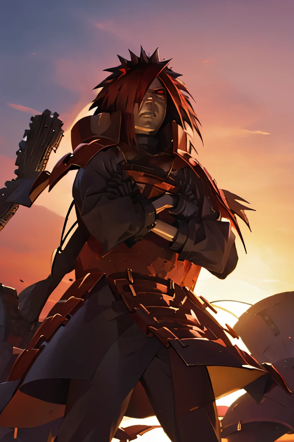 Madara Uchiha, a picture from the front, showing his entire body standing tall and unconcerned, with the war unfolding before him.