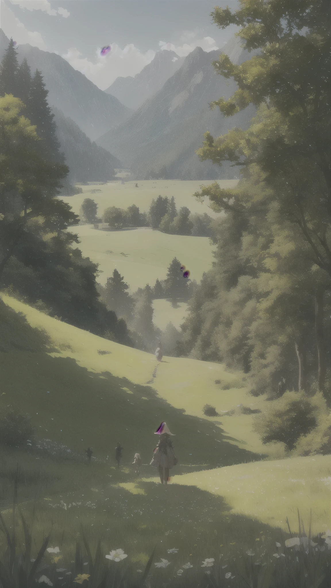 In a green meadow stands a girl leading a group of knights.
BREAK
With a brave expression, she guides them towards their destination.
BREAK
Behind her, a green forest stretches out and beyond that, mountains rise in the distance.
BREAK
The most suitable effect for this scene would be a watercolor painting technique to capture the softness of the meadow and the fluidity of the movement.
