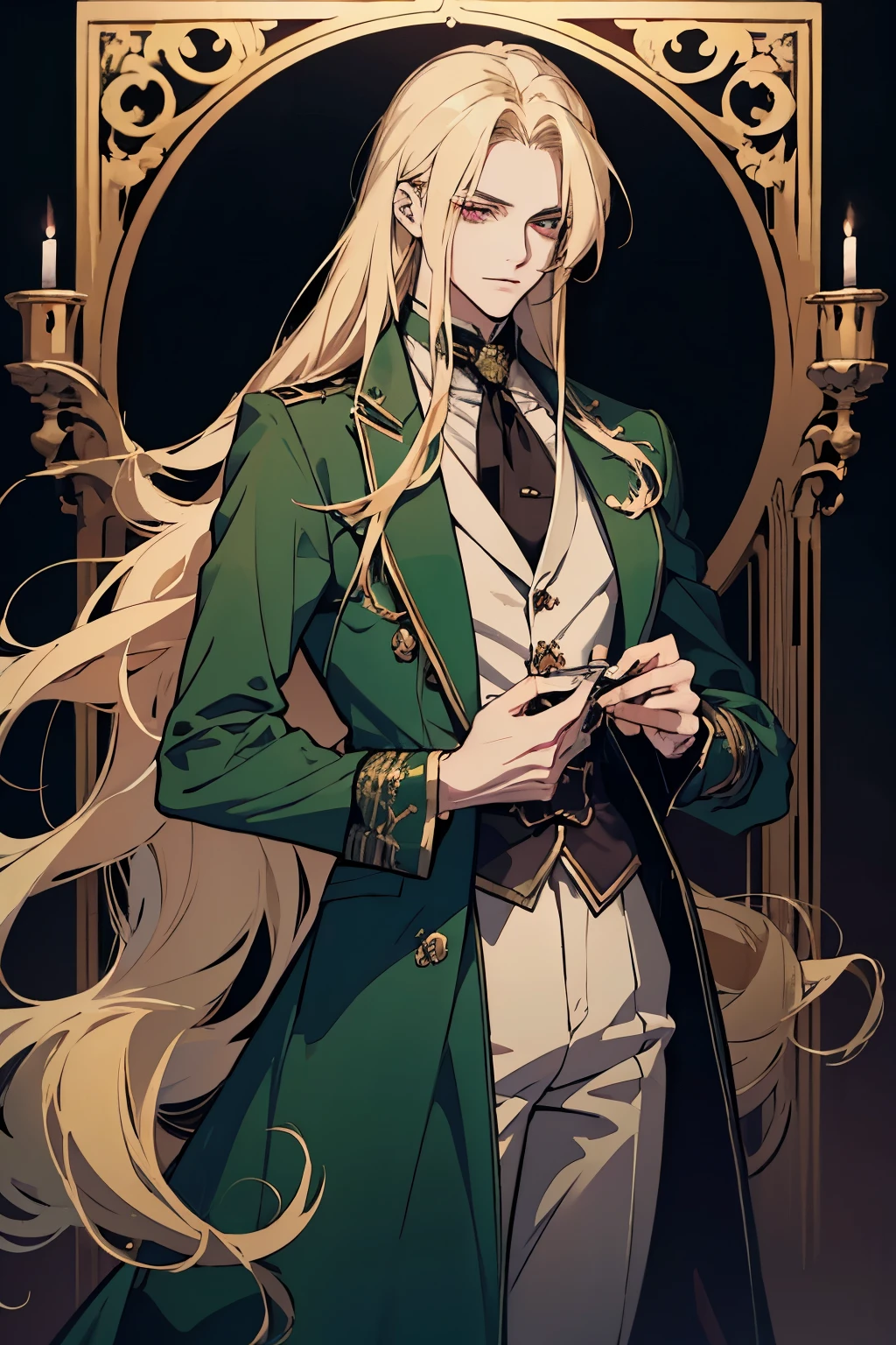 anime, full body, a man with long blonde hair and a green coat, alucard, castelvania, beautiful androgynous prince, magical blond prince, delicate androgynous prince, handsome male vampire, casimir art, anime handsome man, key anime art, l vampire, fin wildcloak, johan liebert mixed with alucard, male vampire, red eyes, detailed 30 year old male face