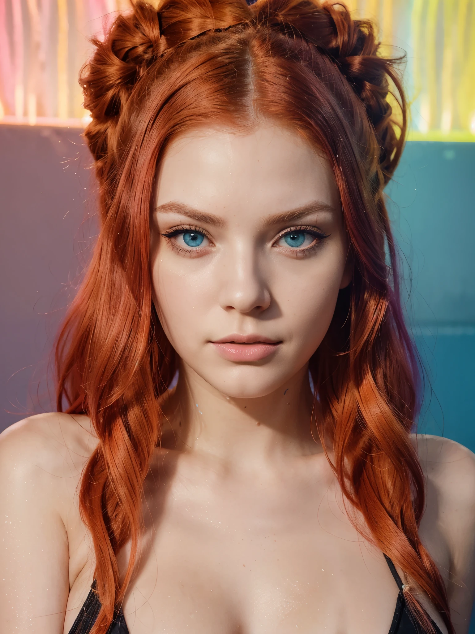 a 22 year old woman, serious expression and striking appearance. My hair ((long pastel neon red hair, contemporary and futuristic look)) frames my face and highlights my very very large blue eyes and brighter than a normal human being, magnetic brightness. My full lips are slightly parted, as if I'm about to say something. Her button nose is redder than the rest of her pale skin. My colored eyebrows are thick and dark, giving me a bold look. My cheekbones are high and defined and my eyelashes are long and curled. Her lips, painted in bold shades of bright orange. Their chromatic intensity completes the extraordinary ensemble, giving an aura of glamor and refinement to this girl with a memorable face.
in the shower wearing bikini