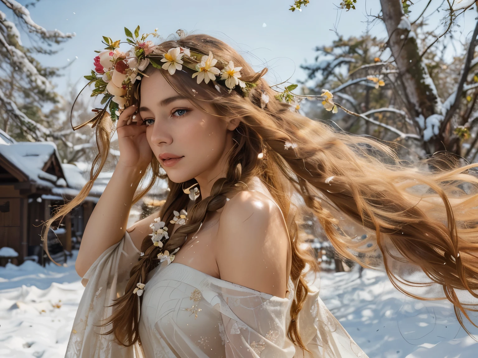 A beautiful woman with long, golden hair adorned with a flower crown,
Braided hair cascading down in delicate strands,
(1.0, High definition),
Solo:1,
Located in a snowy landscape,
(Natural setting:1.3),
Amidst towering trees and blooming flowers,
Add detail:1.5,
She gazes off into the distance, captivated by the serene beauty around her,
Engrossed in the tranquility of the moment,
Radiant complexion,
(Skin:1.2),
Rüstic and rustic environment,
(Textured:1.