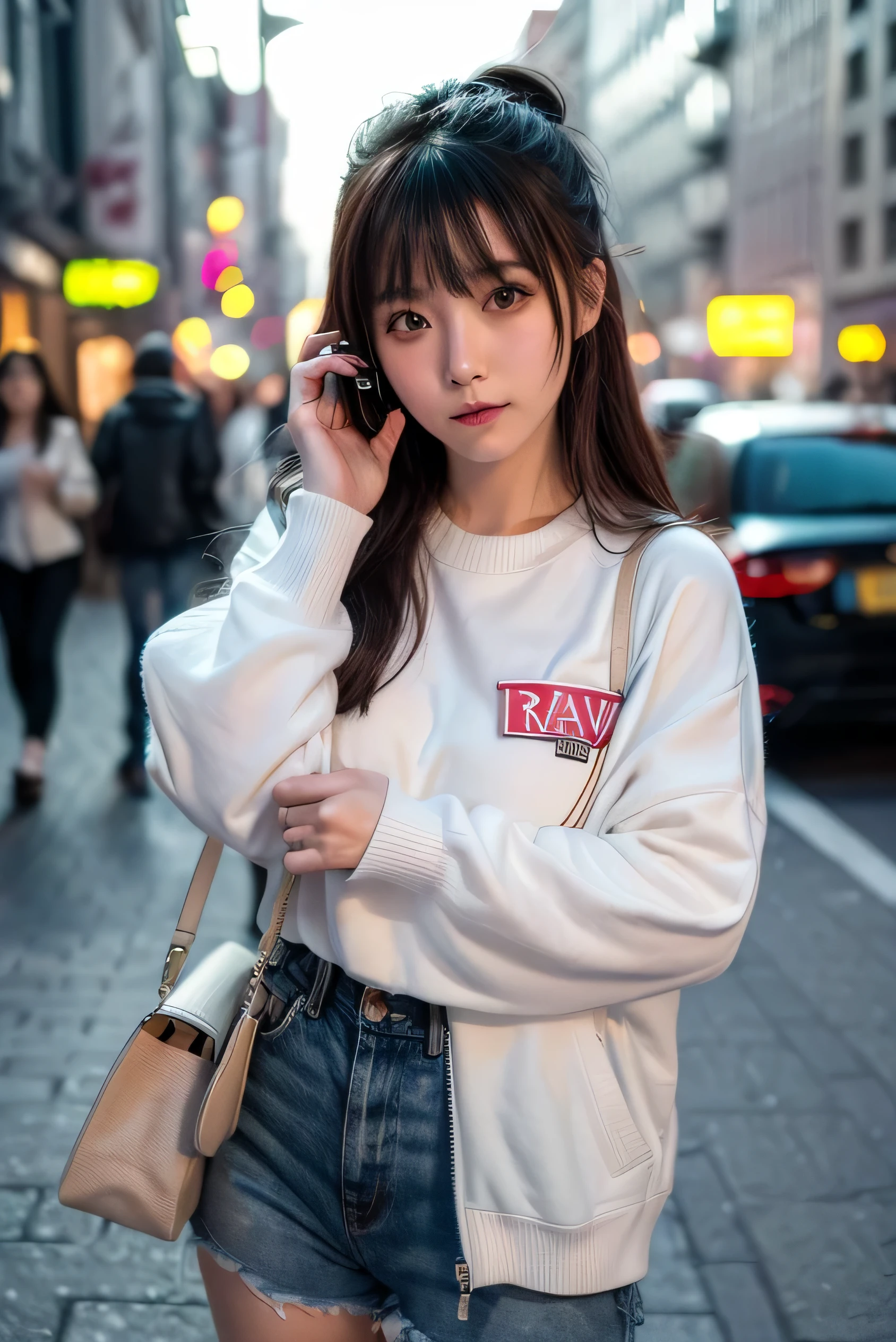 (8k、RAW photo、highest quality、masterpiece:1.2)、(genuine、フォトgenuine:1.4)、(Highly detailed 8k wallpaper)、sharp focus、written boundary depth,blur background,Bokeh,cinematic lighting,soft light、whole body、25 year old Japanese woman、standing on the street and talking on the phone、cool clothes