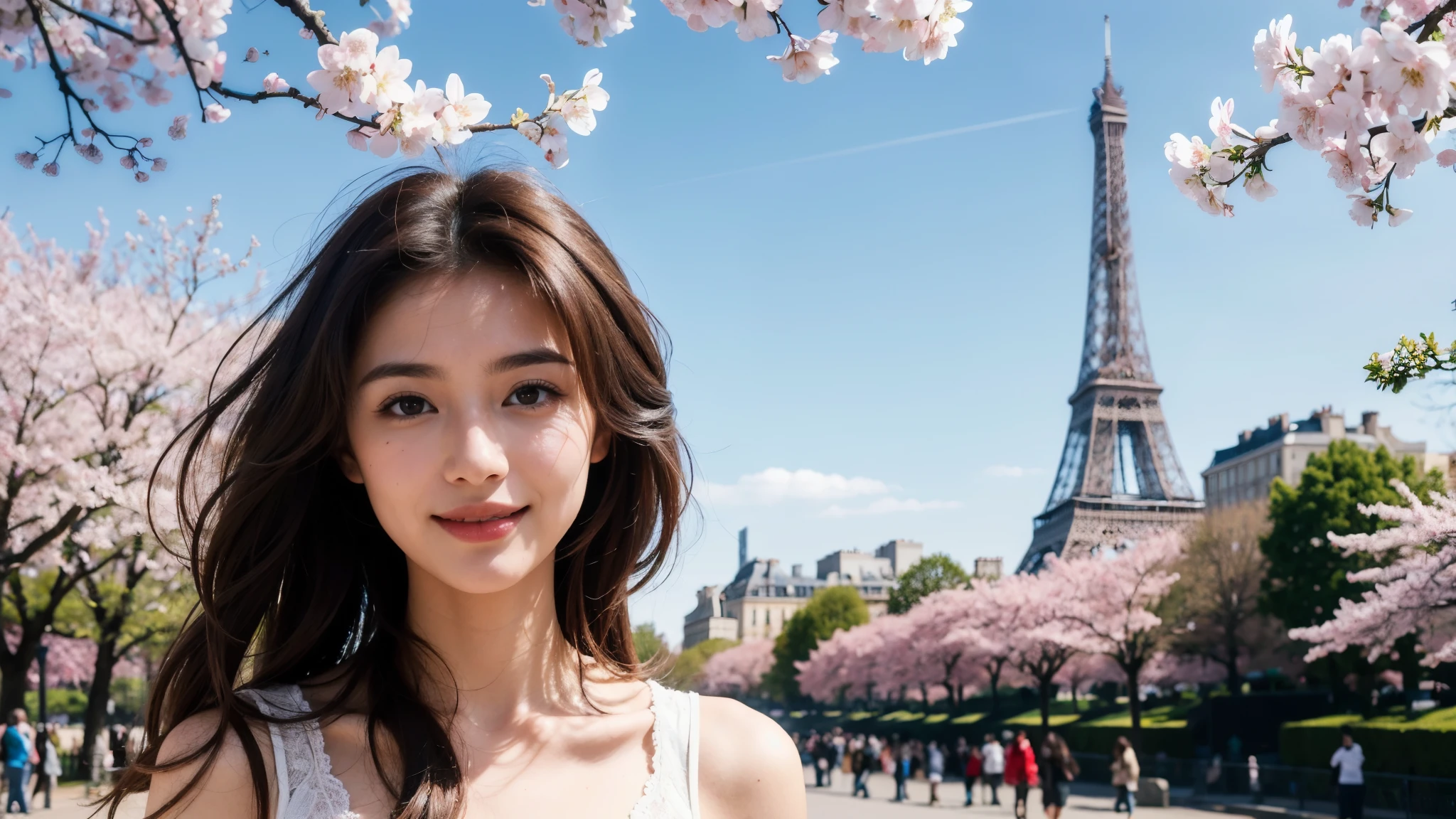 masterpiece, Best Quality, Photorealistic, Ultra-detailed, finely detailed, High resolution, 8K Wallpaper, 1 beautiful woman, light brown hair, sharp focus, Perfect dynamic composition, Beautiful detailed eyes, detailed hairs, Detailed realistic skin texture, Smiling, portrait, Model body type, Take a walk in the park with cherry blossoms and Eiffel Tower background,