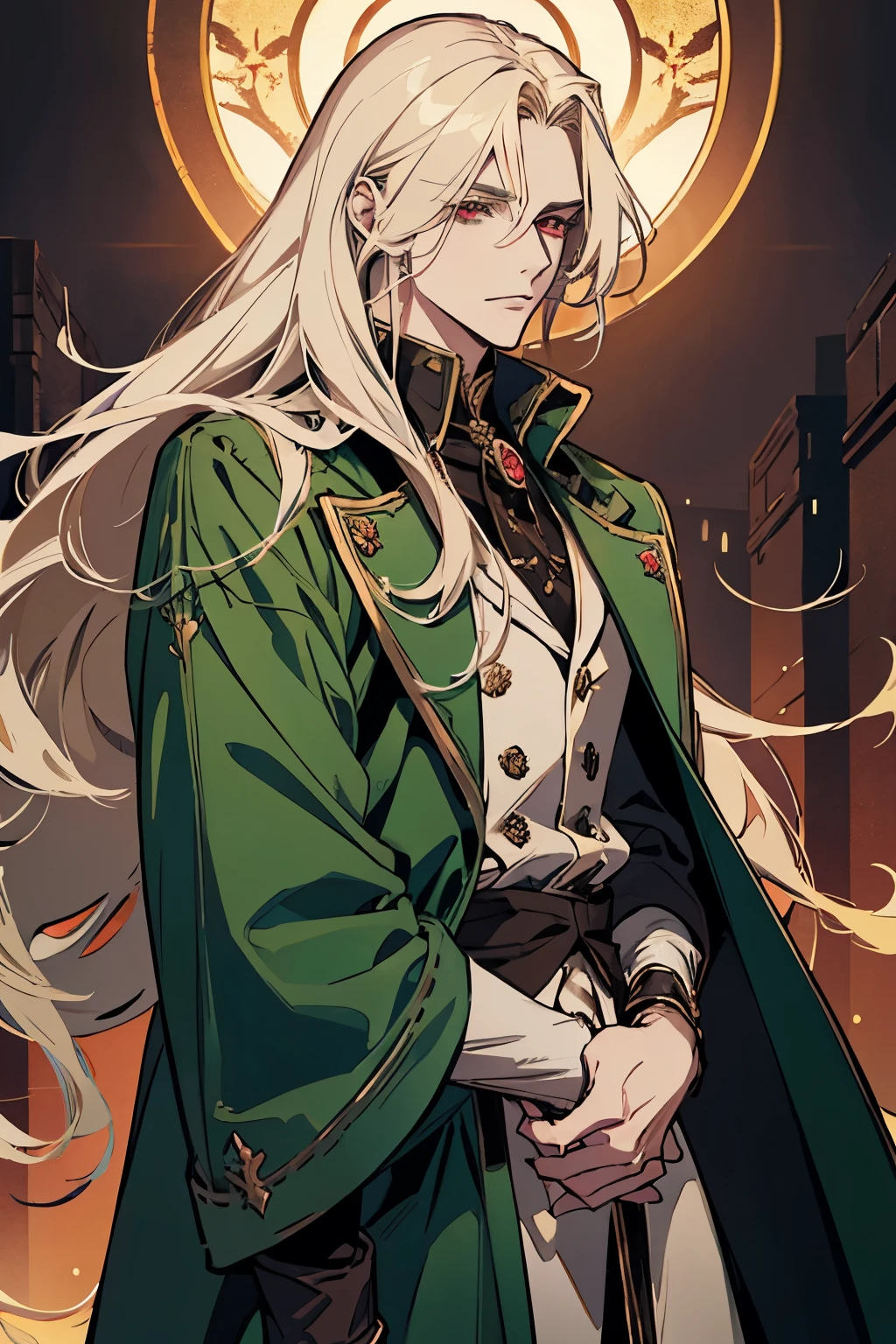 anime, full body, a man with long blonde hair and a green coat, alucard, castelvania, beautiful androgynous prince, magical blond prince, delicate androgynous prince, handsome male vampire, casimir art, anime handsome man, key anime art, l vampire, fin wildcloak, johan liebert mixed with alucard, male vampire, red eyes, detailed 30 year old male face
