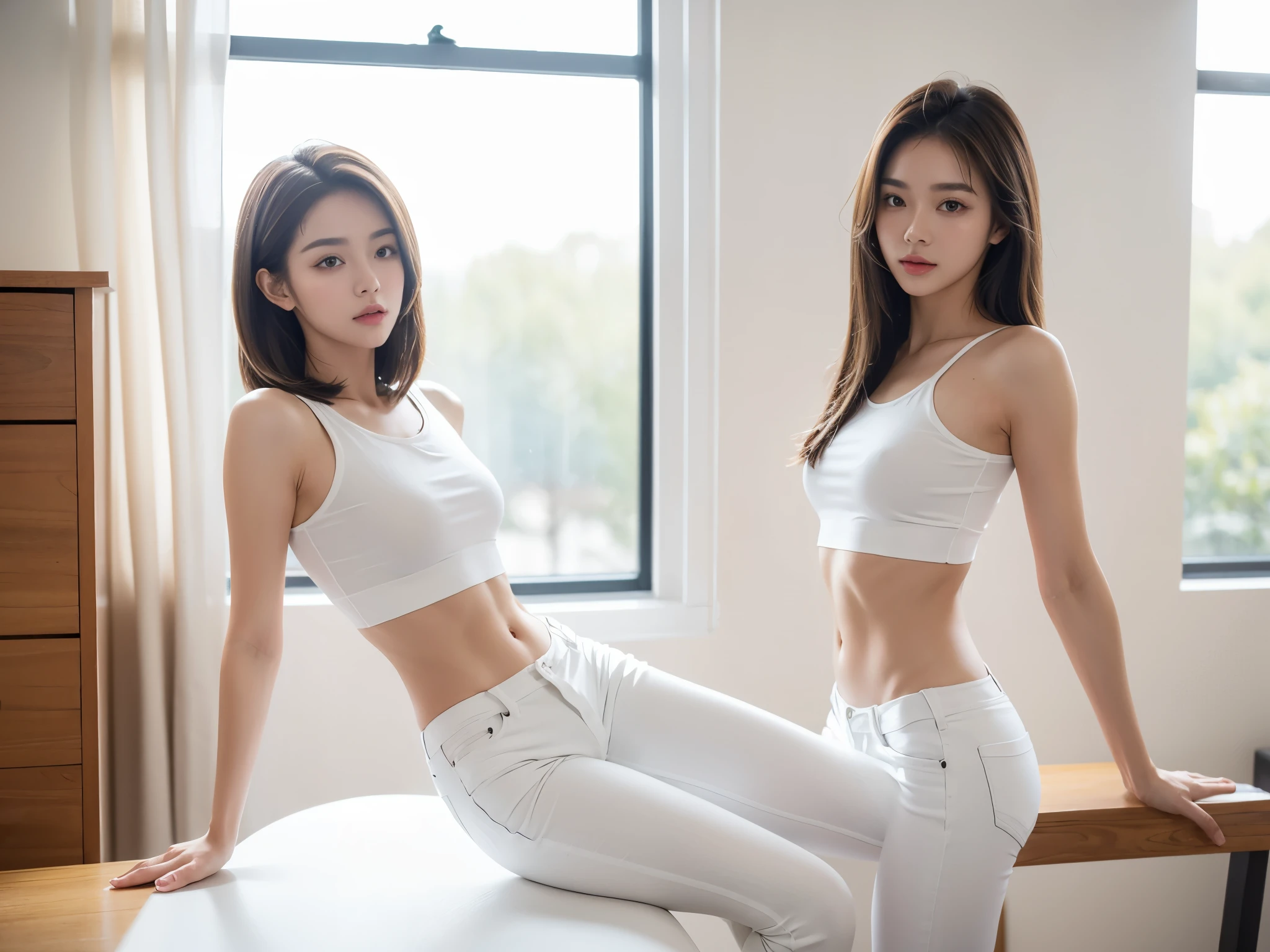In fact, top quality, natural light, clear focus, girl, perfect body, slim abs, dark brown hair, white crop top, Out, distance, super face slimming, squint one&#39;s eyes, double eyelid, long legs, white thin section, white jeans, beautiful ass, Long limbs, round buttocks sticking out, ancillary, dancing, Practice Room,K-pop