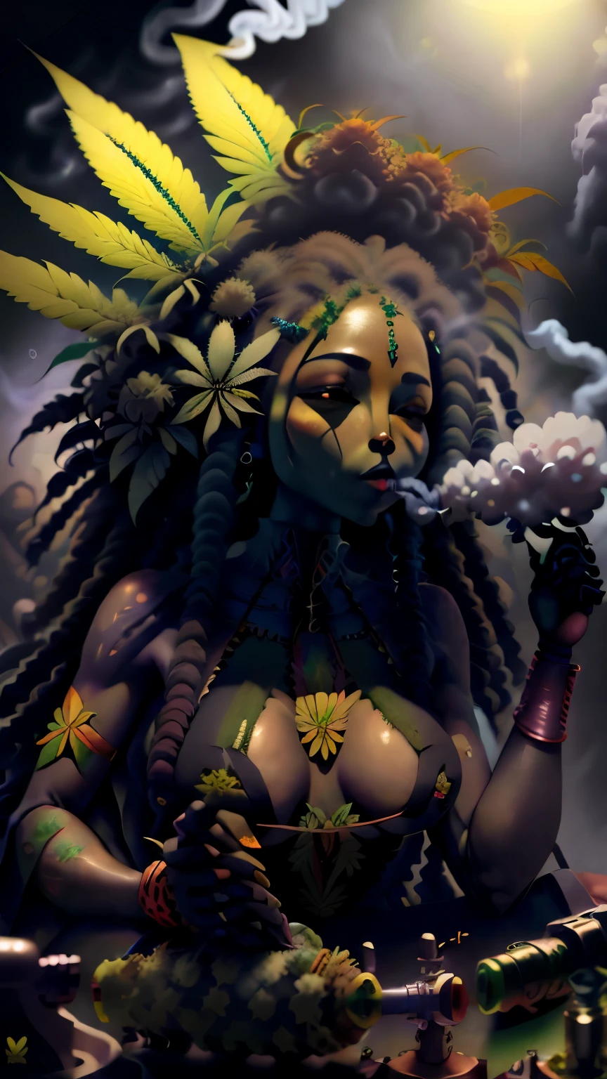 mulher negra retinta com uma coroa feita de flores de maconha, a marijuana plantation in the background, blowing smoke, com estetica realista e futurista