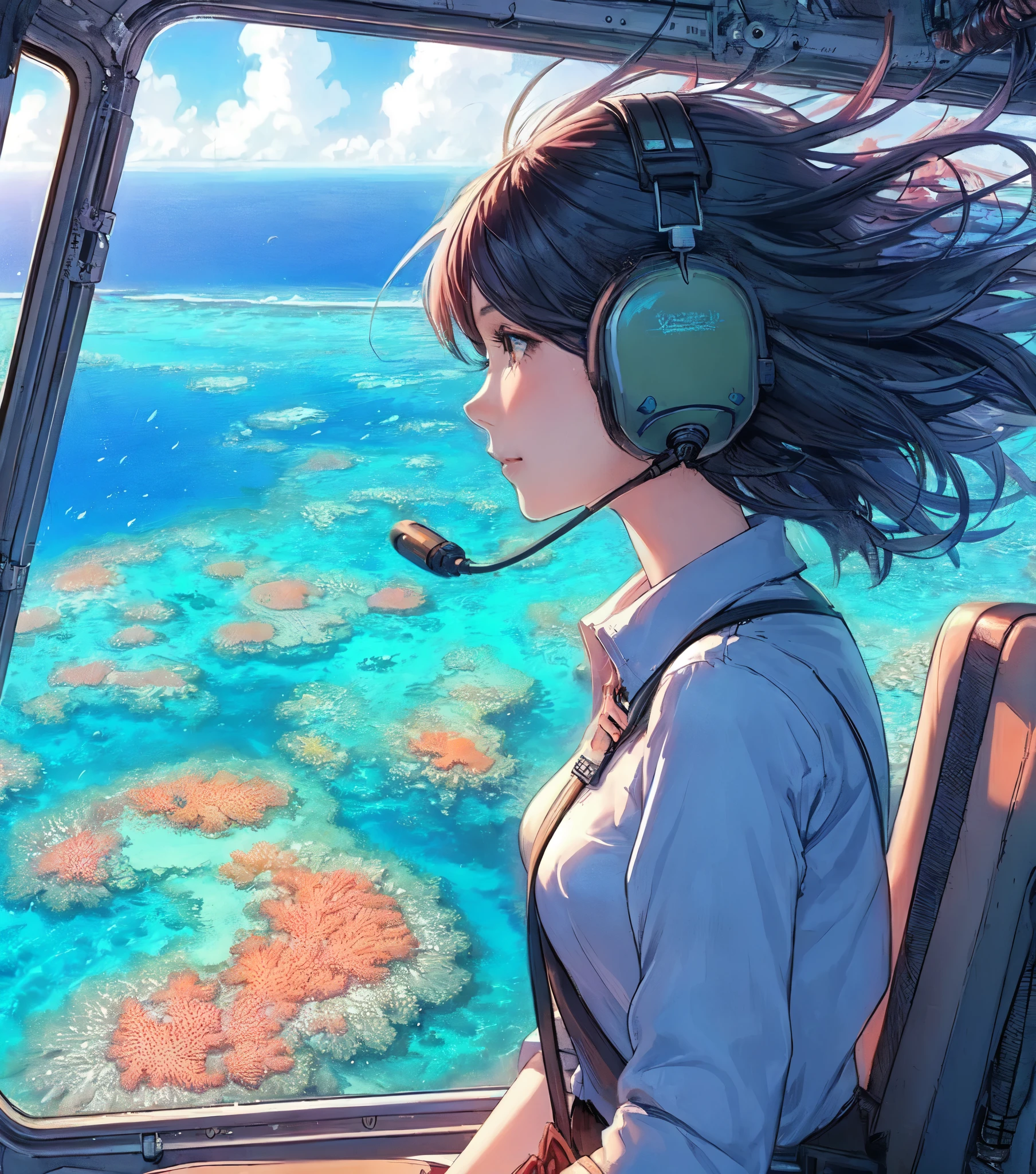 1lady solo, profile, sitting, (from side), (from above), (looking down at coral reef), (stylish calm outfit), mature female, /(black hair/) bangs, wind, (headphone), light smile, (masterpiece best quality:1.2) delicate illustration ultra-detailed, medium breasts, (wearing seatbelt) BREAK ((beautiful coral reef:1.2) and (blue sea) spread out below) BREAK (helicopter seat) indoors, window, coral reef, blue sea, detailed background