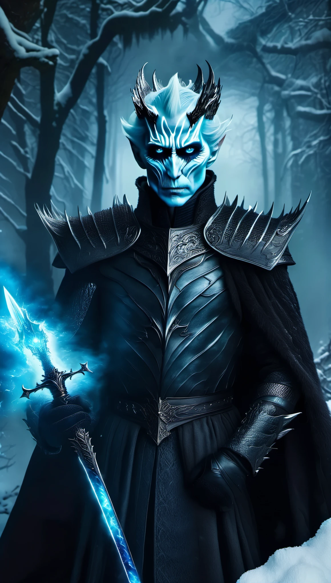 aerial photography，role conception，portrait，The appearance of the Night King is full of mystery、Cold and strong sense of power，The appearance of the Night King is very unique。His face is like a withered bone，Gives people a dead and cold feeling。His figure is like a long sword，Tall and straight，Revealing a kind of majesty and strength。His skin is whiter than milk，In stark contrast to his overall image。（all black horse：0.65） The Night King&#39;s eyes are deep blue，Burning coldly like black ice，It gives an unfathomable feeling。There was a kind of coldness and cruelty in his eyes，suddenly white as fresh snow，Suddenly dark as a long night，Like the ever-changing night sky。The body is dotted with the deep gray green of the foreseems to be telling his mystery and power。 The weapon in the Night King&#39;s hand emits a strange faint blue light，A light that seems to shine in the darkness。In a fight，His weapons make sounds like animal wails that exceed the limits of human hearing.，It's scary。When the Night King Meets His Nemesis Dragonglass，He will bleed blue blood，This is one of his unique physical characteristics。
