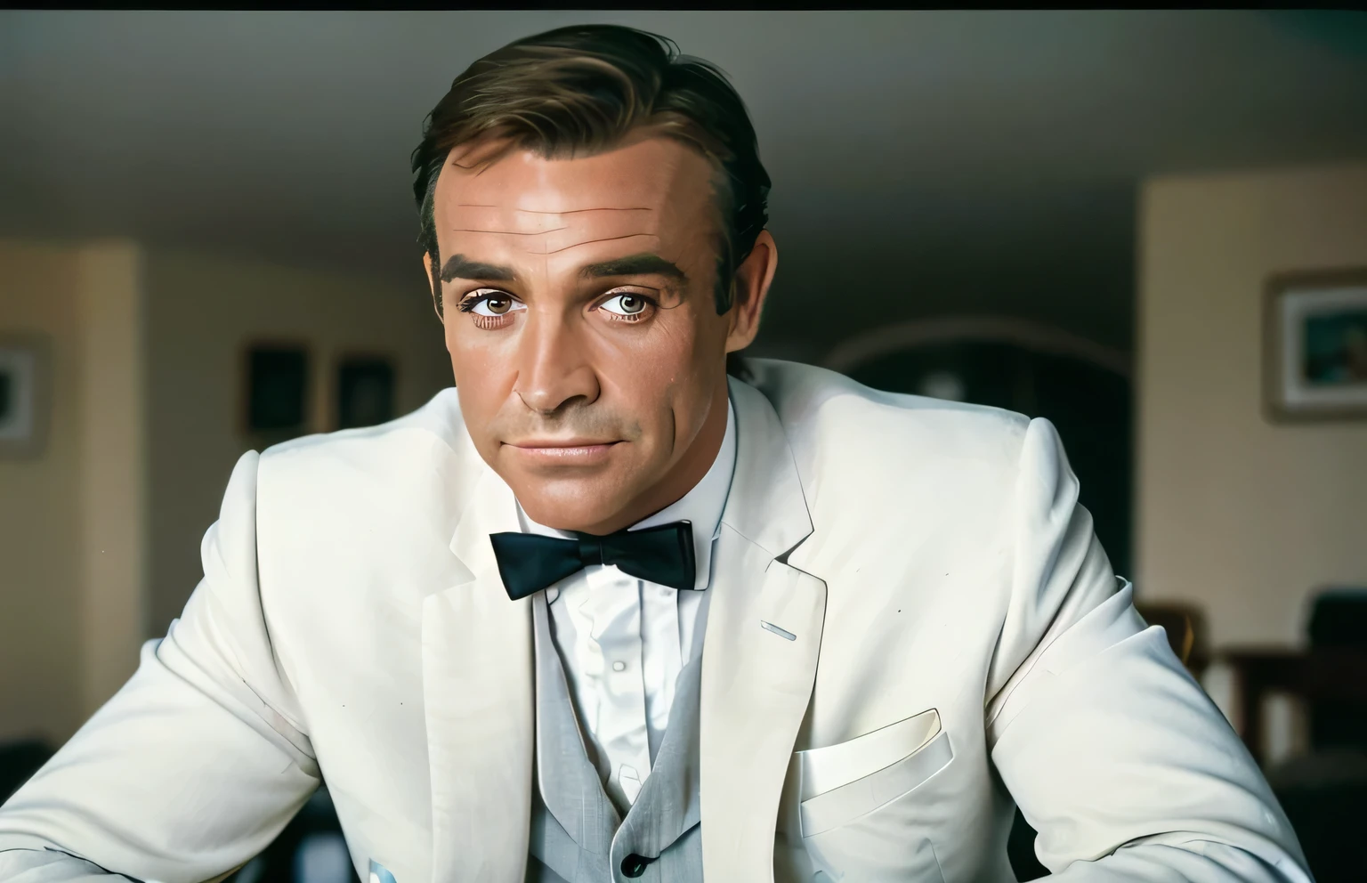 award-winning (Portrait photo:1.4) eines gutaussehenden Mannes, Sirsean, sitzend und Poker spielend, dressed in a white suit and bow tie, in a beautiful beach casino, (shallow depth of field:1.3), von Lee Jeffries Nikon D850 Film Stock Foto 4 Kodak Portra 400 Kamera f1.6 Objektive, satte Farben, hyperrealistische, lebensechte Textur, dramatische Beleuchtung, unwirkliche Engine, im Trend der Artstation Cinestill 800 (vignette:1.3), filmgrain,
