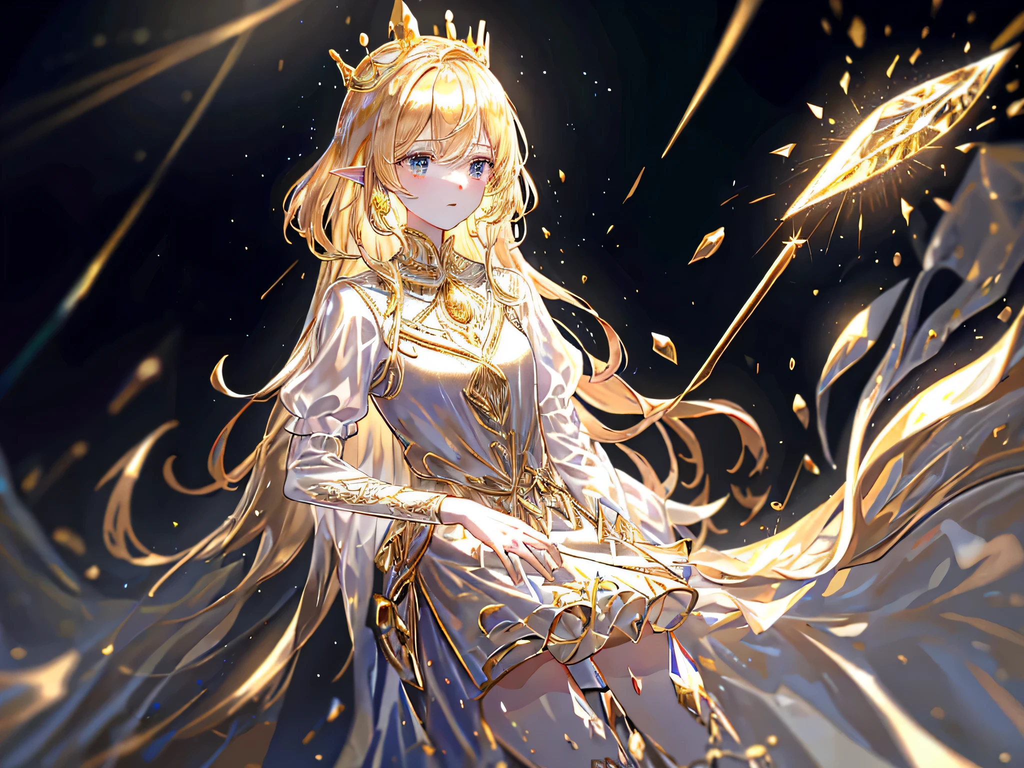 On her golden hair is a crown of gold threads, pointed ears, girl, Good face, gold crystal pendant necklace, norte blancosheo, Golden dress in the daytime sun, Exquisite and beautiful, There are small sun-shaped pendants made of various gemstones on the skirt., illustration, main part, fantasy, pink flowers, lakeside, slow motion, The strong man of light and shadow