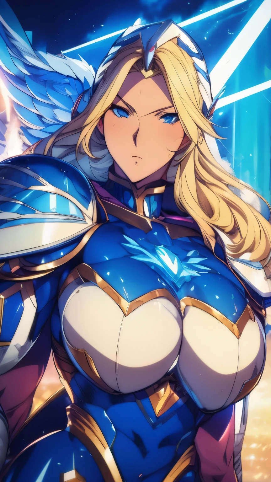 1980 anime style, 1 girl, hyper curvy holy Paladin Knight, portrait, feminine beauty, pale skin, goregous, lustrous flowing blonde hair, 1980s dark fantasy, wearing realsitic heavy plate armor, giant hyper sword, super curvy, hyper ass, hyper breasts powerful thicc thighs, covered big puffy nipples, puffy camel toe, hyper muscular amazon body, detailed blue expressive eyes, illuminated by angelic light, detailed dark fantasy background, holy catherdral background