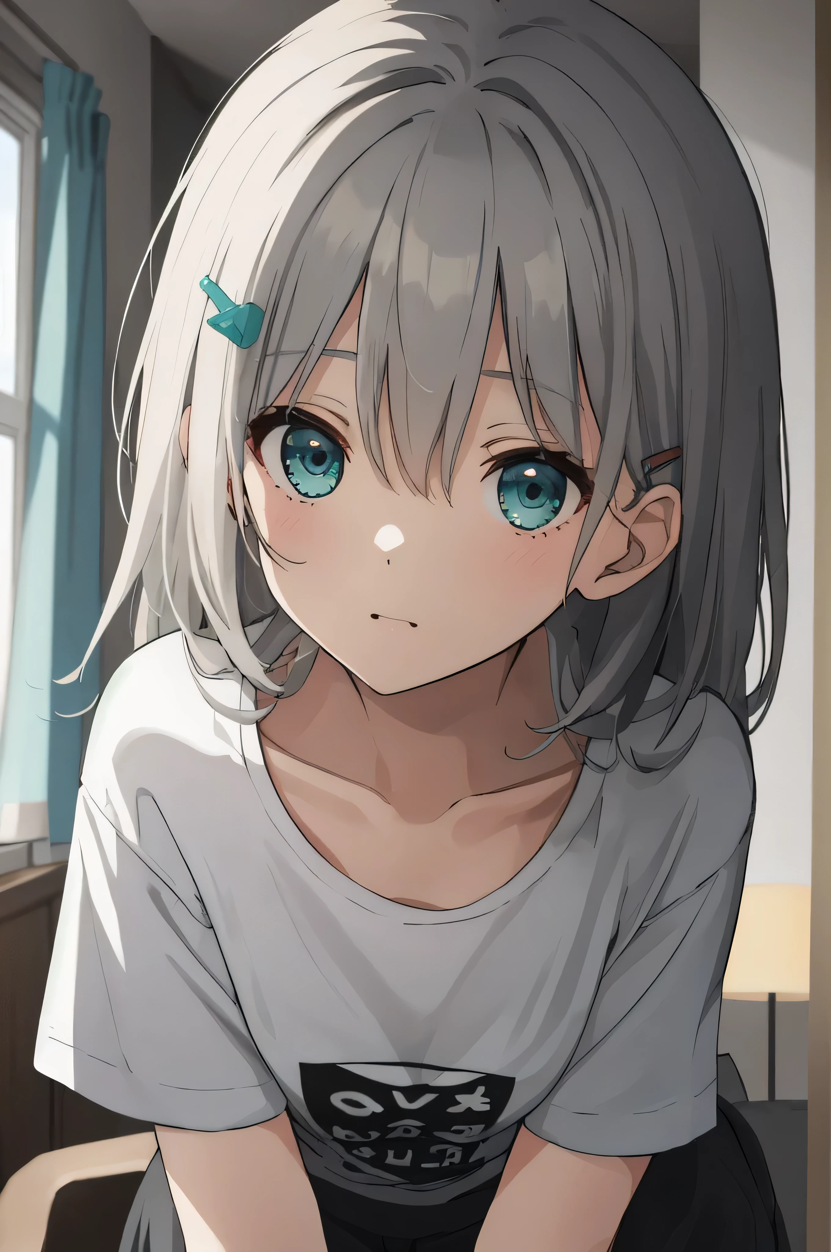 art by Cornflower, dready (A  girl with beautiful detailed eyes, long hair, grey hair, aqua eyes). (Young girl , cute girl). White T - shirt. black hair Clip.The depth of field in the photo is perfect and the lens flare adds a nice touch. The fine details on her face really stand out, score because of this photo Definitely greater than 10.