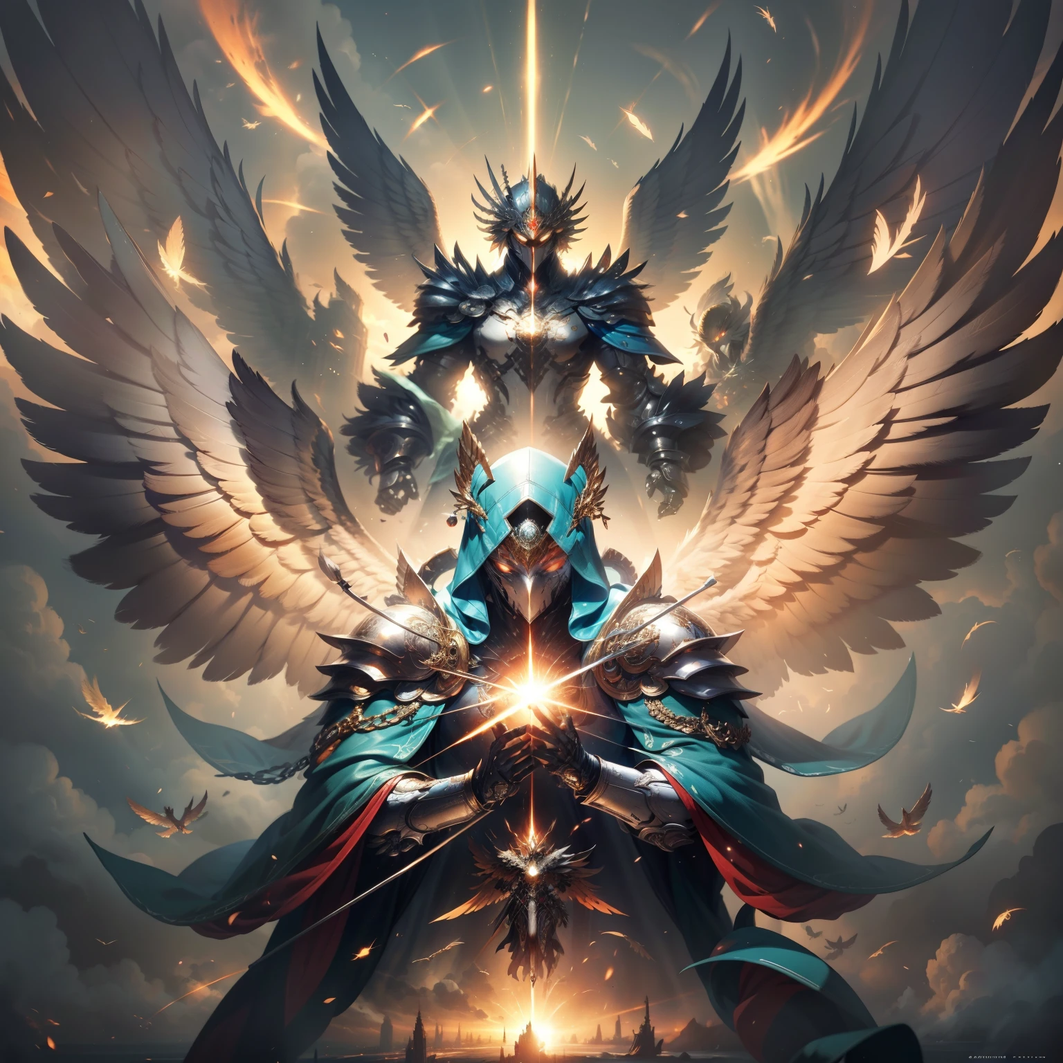 黄Moneyの鎧を着た天使, wings made of energy, metal halo, no face, hooded, Money, fantasy, concept art, surreal, character art:Greg Rutkowski