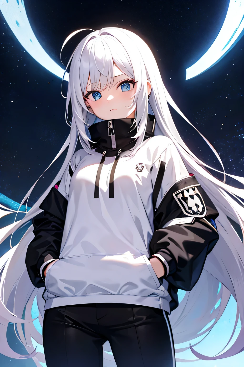 anime, Retrato da cintura para cima, cabelo branco, moletom prateado com "Black Reunion Company" logo, hands in pockets