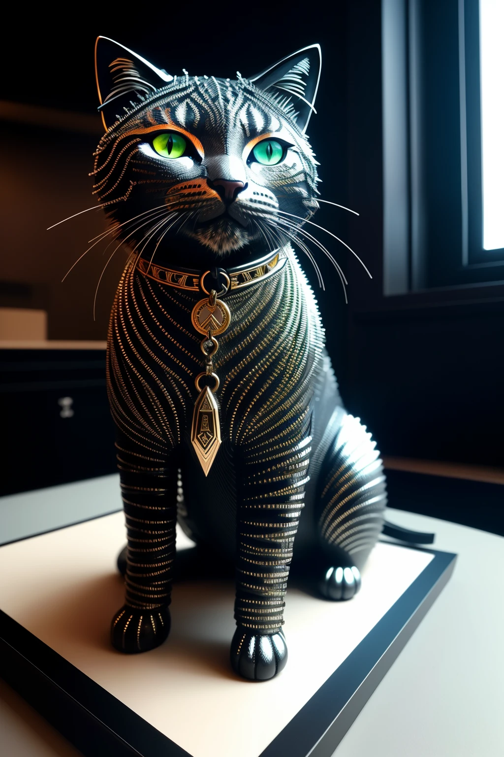 Create a metal cat sculpture with intricate details and a cyberpunk feel. Its feline features are hyper-defined, from the curves of its sleek body to the (detailed wires:1.3) that replace its tail. The metal cat's sapphire eyes gleam with an otherworldly intensity, adding to the masterpiece's allure. With a high level of realism (realism: 1.4), this captivating creation is best viewed in ultra-high resolution. HDR lighting accentuates the intricate details, while the cinematic shot is framed with a vignette to draw the viewer's focus to the center.
