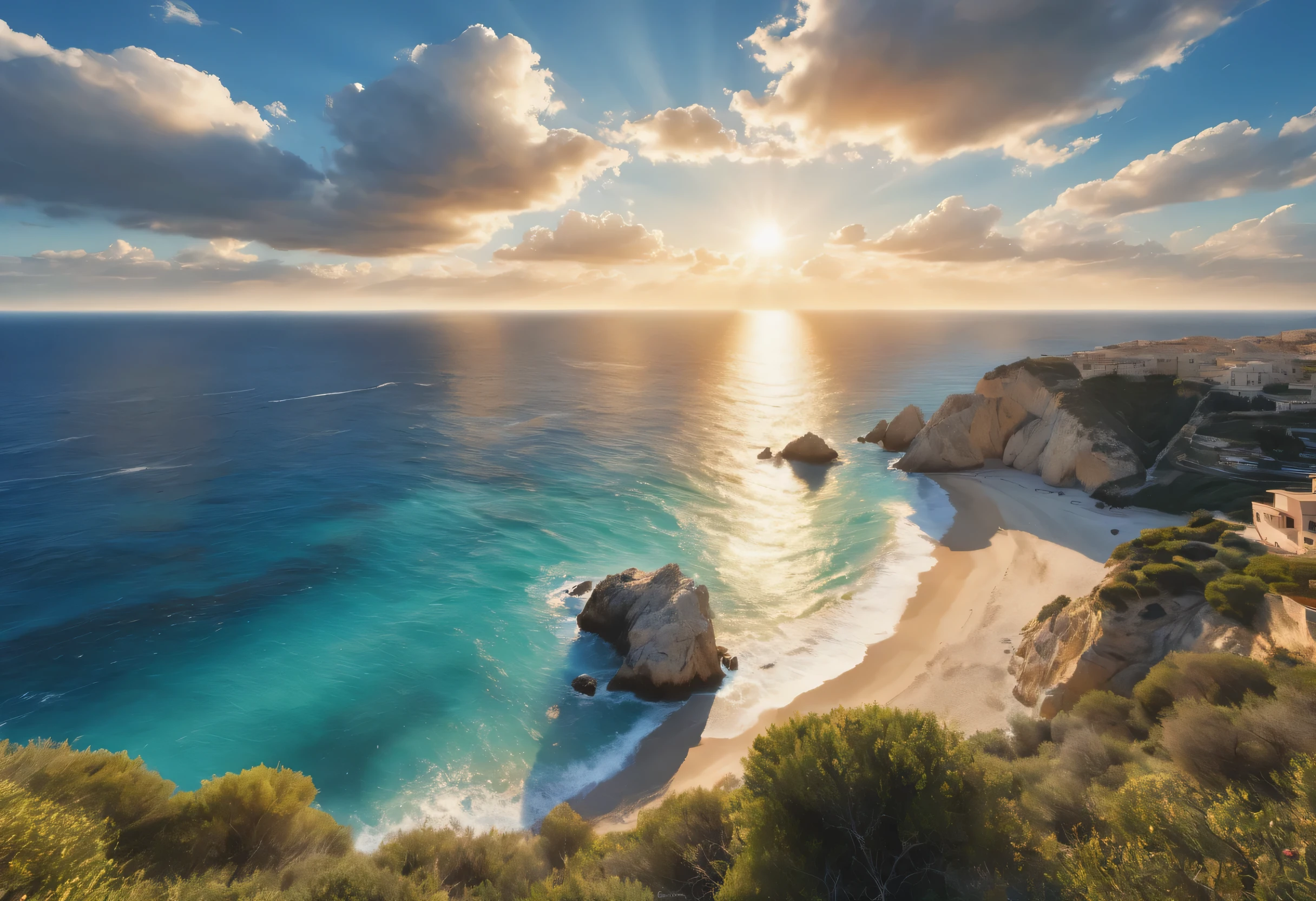 Mediterranean landscape from above,flock of seabirds flying,photograph,reality,be familiar with,Gentle color,Vibrant colors,blue sky,cloud,they are,プロのphotograph家が撮影した,panorama,masterpiece,最高masterpiece,Light and shadow,rendering,Photoreal,beautiful sea,beautiful sky,dream-like,最高級のカメラを使用して撮影したphotograph,見る人の心を動かすphotograph,unreal engine