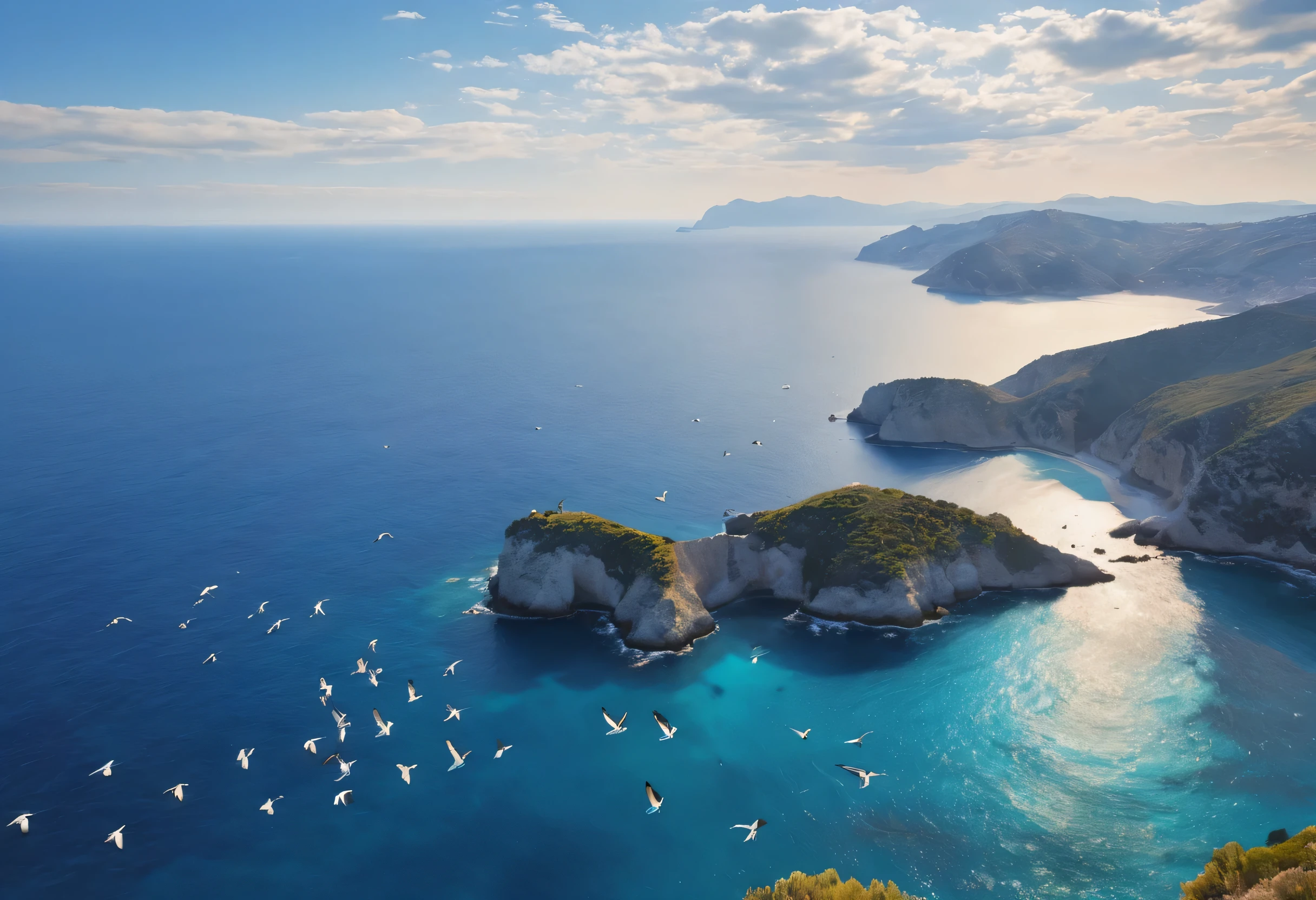 Mediterranean landscape from above,flock of seabirds flying,photograph,reality,be familiar with,Gentle color,Vibrant colors,blue sky,cloud,they are,プロのphotograph家が撮影した,panorama,masterpiece,最高masterpiece,Light and shadow,rendering,Photoreal,beautiful sea,beautiful sky,dream-like,最高級のカメラを使用して撮影したphotograph,見る人の心を動かすphotograph,unreal engine