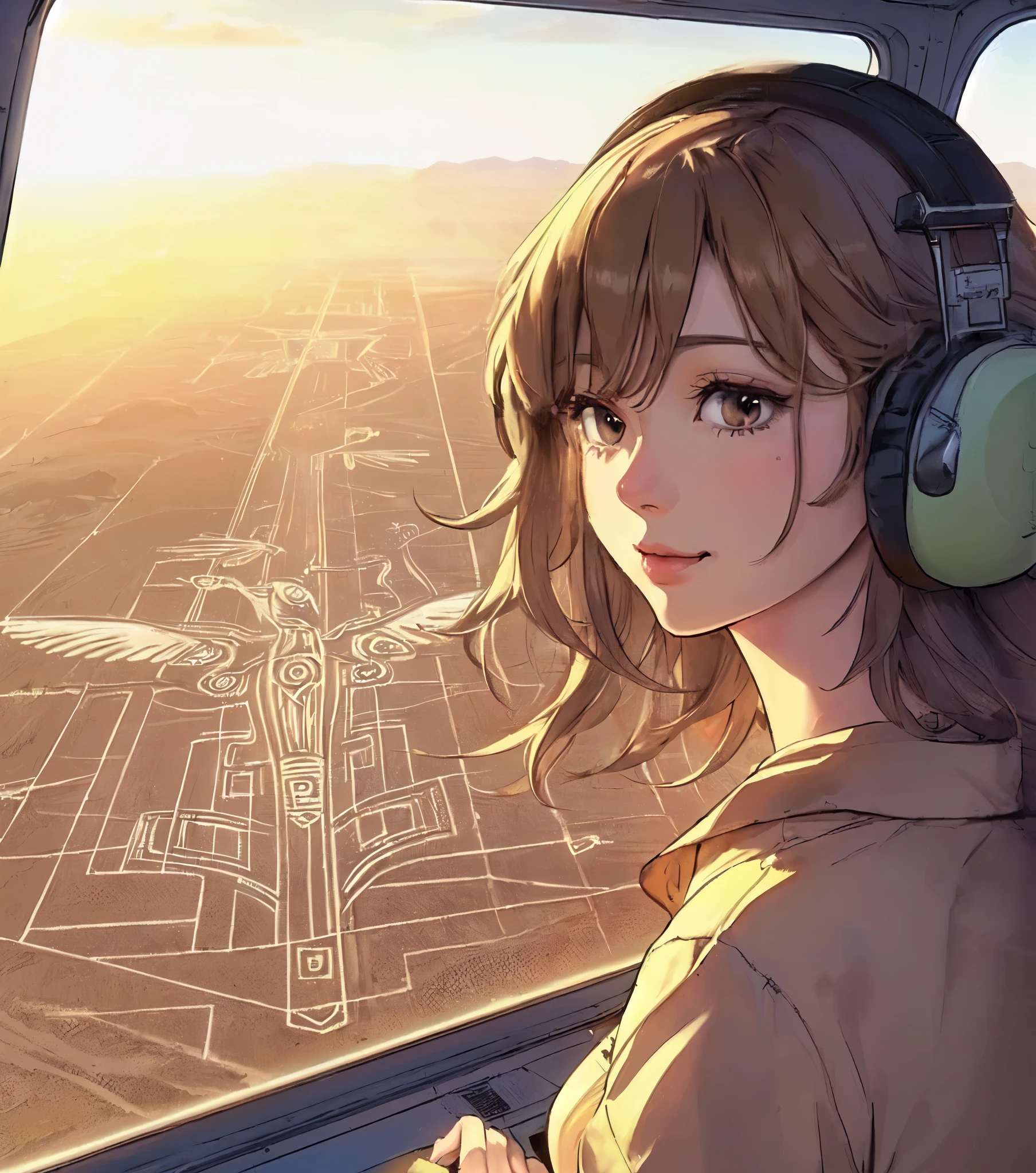 1lady solo, profile, sitting, (from side), (from above), (looking down at ground painting), (stylish calm outfit), mature female, /(light brown hair/) bangs, (headphone), light smile, (masterpiece best quality:1.2) delicate illustration ultra-detailed, large breasts, (wearing seatbelt) BREAK ((Geoglyph of hummingbird:1.2) spread out below), (geometric pattern) (simple lines), (Nazca Lines:1.2) BREAK (helicopter seat) indoors, window, (Geoglyph), desert, detailed background