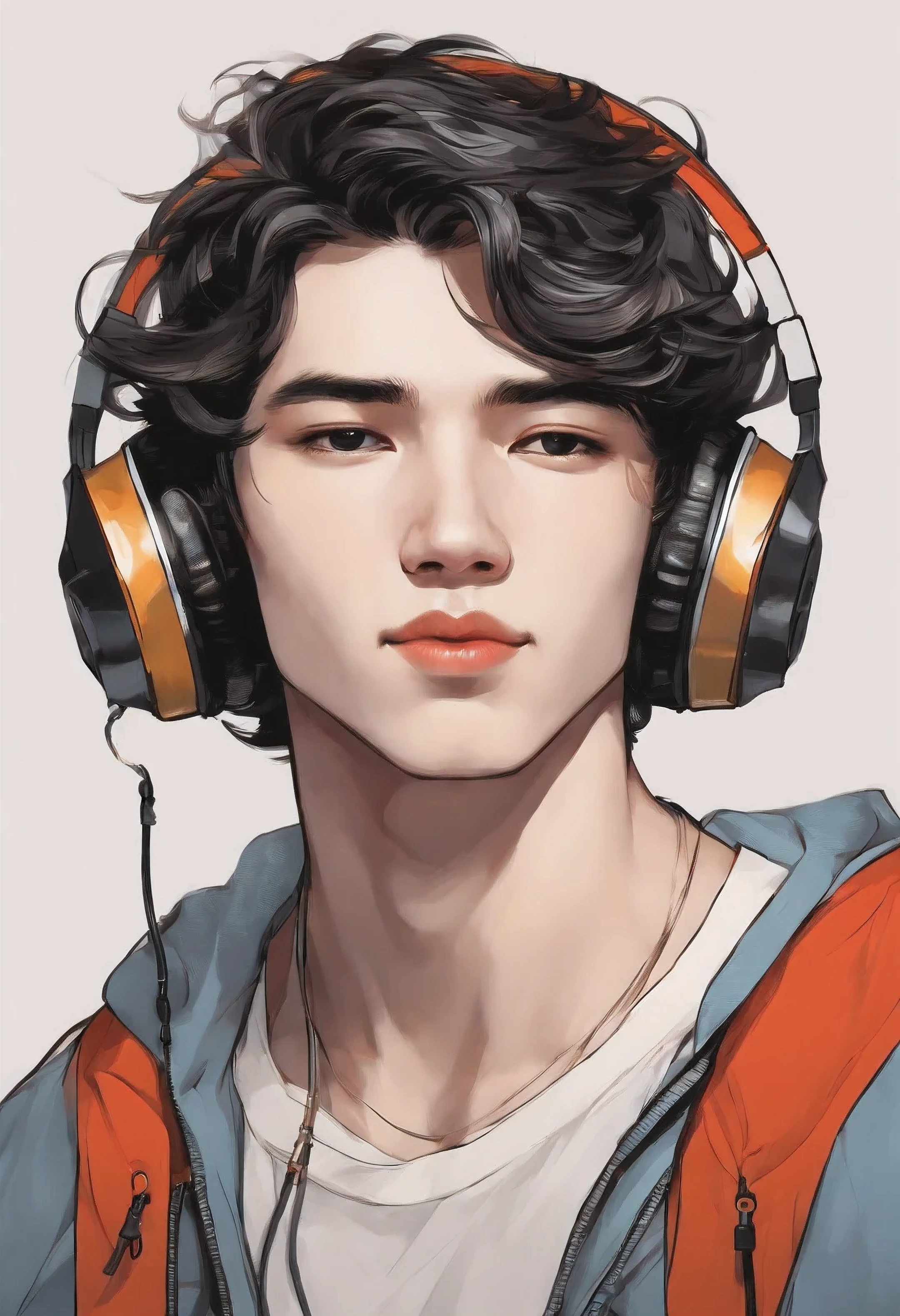(aesthetic artwork,vibrant colors) Cool profile with an ember head phone. A dark-haired twink in a stylish illustration, depicting a Japanese male . The artwork showcases captivating details on the boy's expressive eyes, showcasing his innocence and curiosity. The vibrant colors bring life to the illustration, creating a sense of energy and dynamism. The artist's attention to detail is evident in the fine lines and intricate shading, resulting in a visually striking piece. The composition is cleverly designed to highlight the boy's profile, with the ember head phone adding a touch of modernity and technology to the overall aesthetic. The artwork captures a moment of tranquility and youth, inviting viewers to appreciate the beauty in simplicity.