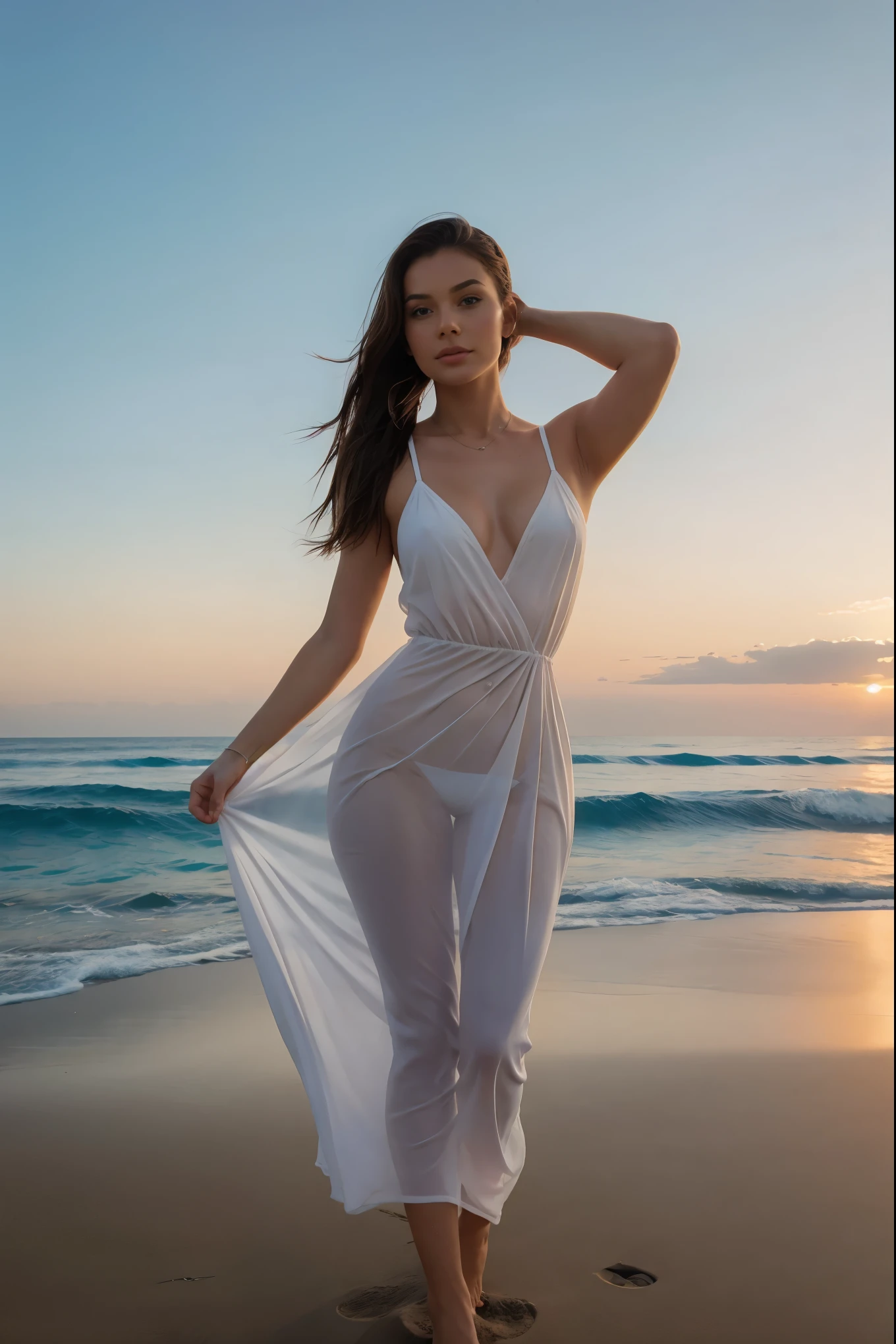Sally-Anne, A Photograph of a serene beach at sunset, pastel hues caress a figure in a white long see-through dress with an opening on one leg all the way to the hip, embodying tranquility and freedom., Mysterious, model body, in Malibu beach, California beach, beautiful brunette girl, super detailed, photorealistic, photo, pony tail on top of the head, swimming in the ocean