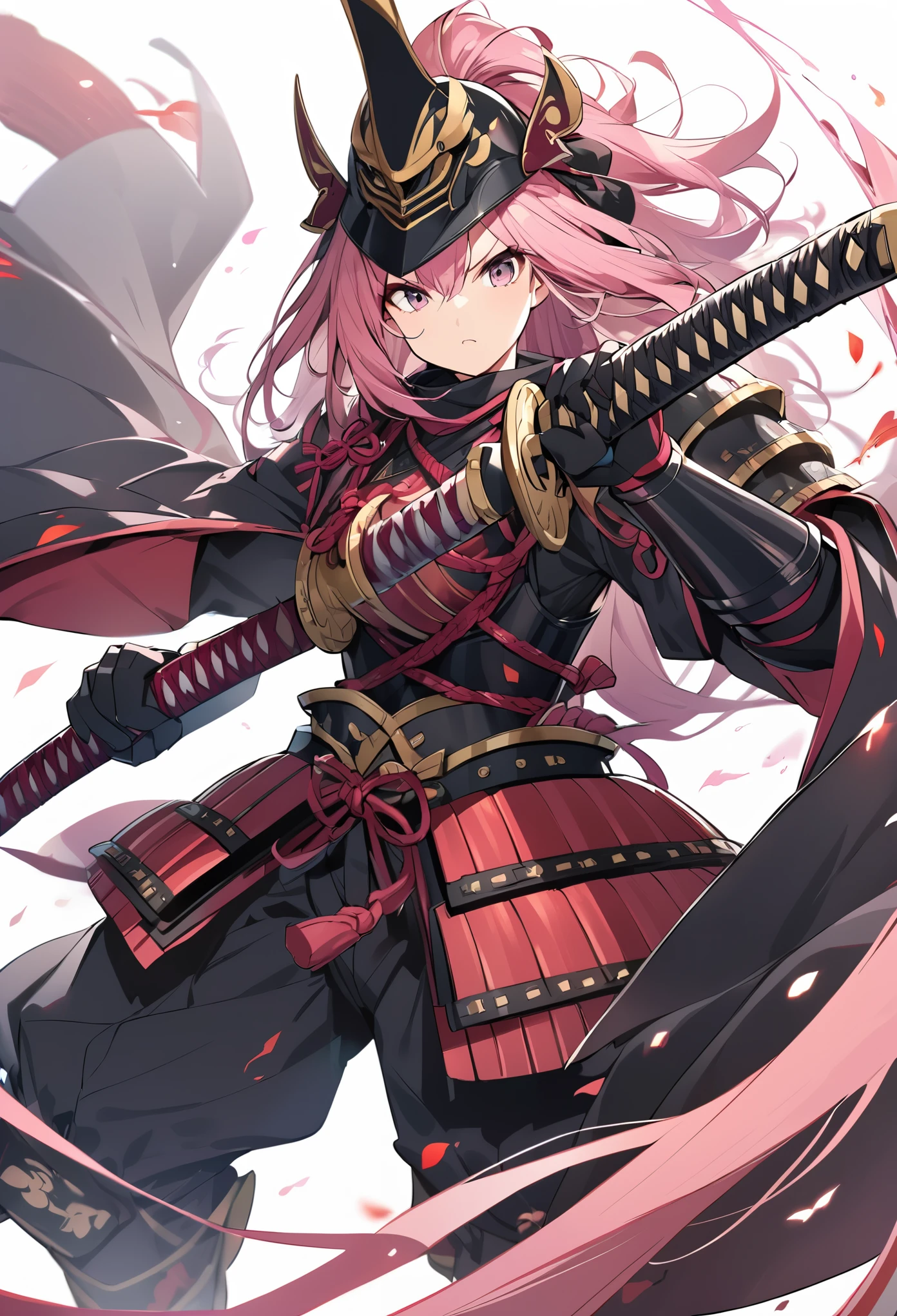 Girl, long messy pink hair, samurai armor, samurai helmet, slash katana