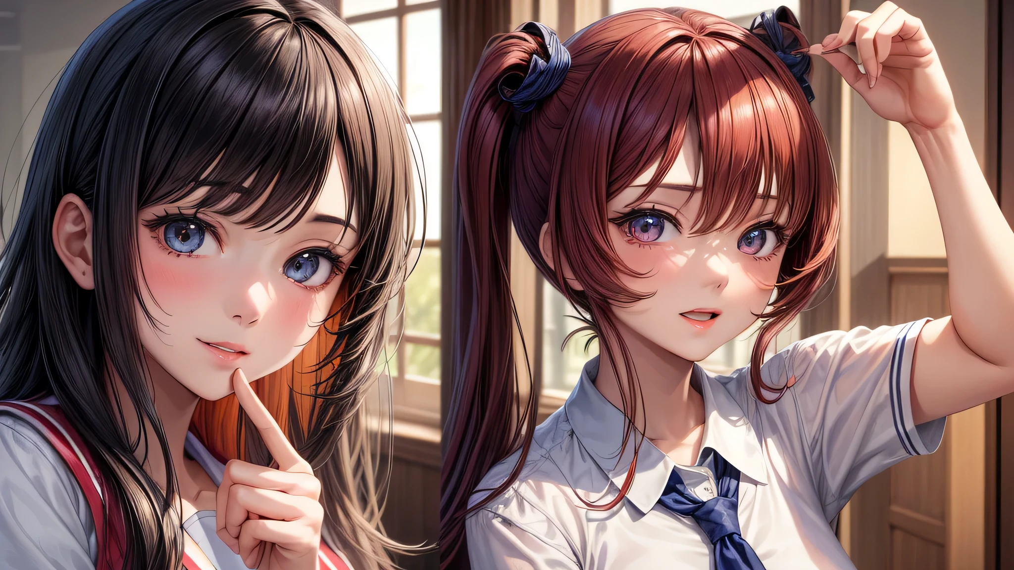 (2 girls:1.2), incredibly beautiful face,, shining smile, (school uniform, mini skirt:1.2), (highest quality: 1.4), (Super detailed), (highest quality:1.4), (super detailed), evening, (Corridor of the Japan-man school), (anime illustration), very high resolution, (Upper body), close up face
