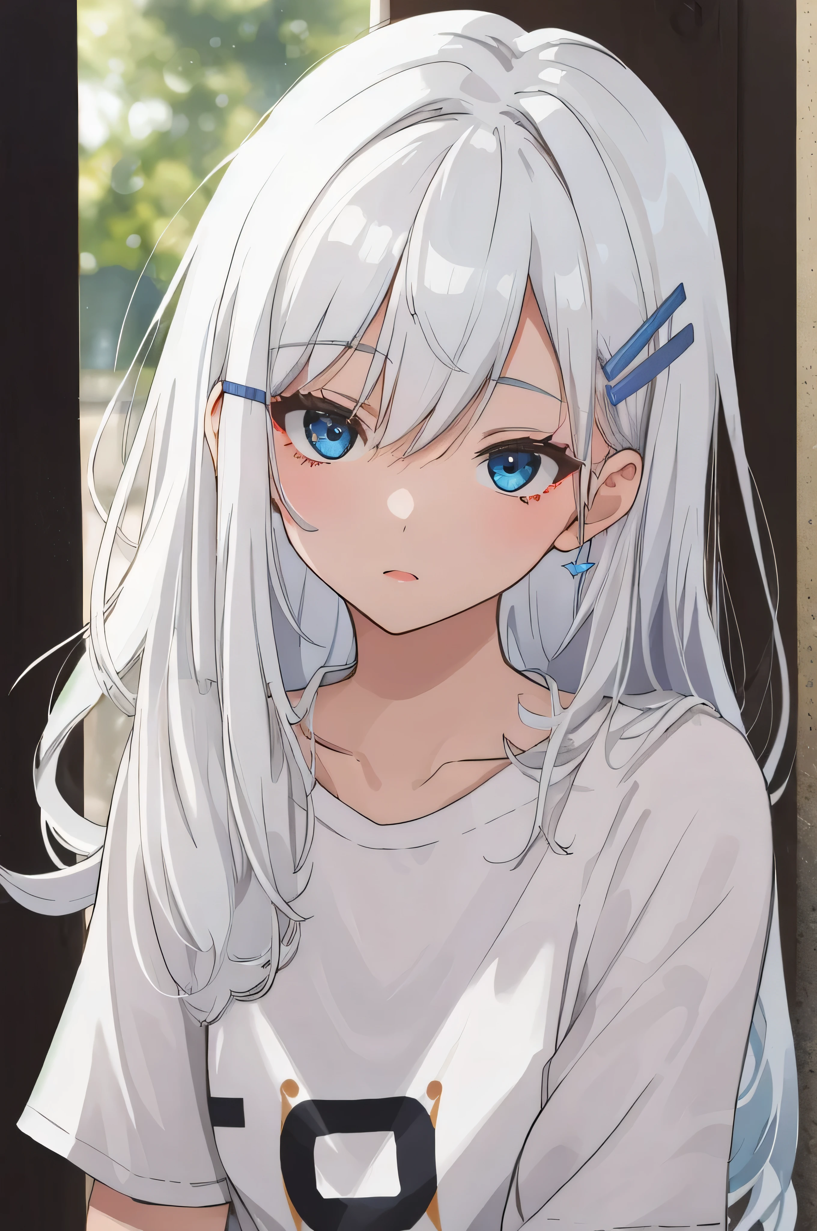 art by Cornflower, dready (A  girl with beautiful detailed eyes, long hair, white hair, bright blue eyes). (Young girl , cute girl). White T - shirt. black hair Clip.The depth of field in the photo is perfect and the lens flare adds a nice touch. The fine details on her face really stand out, score because of this photo Definitely greater than 10.