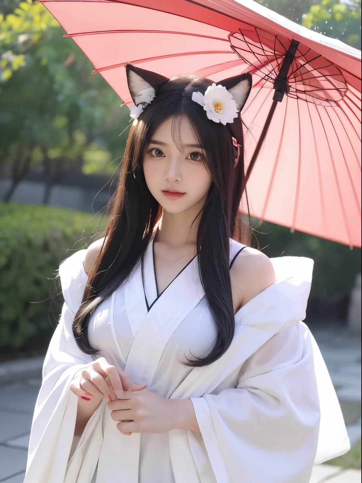Nine pure white fox tails (1.0), milky white fox tail (1.0), Kyuubiの狐のクローズアップ, Kyuubi, Kyuubi, anime manga girl，black hair，shortcut、thick white kimono，I have flowers in my hair, とてもbeautiful anime fox girl, beautiful anime fox girl, beautiful fantasy anime, Gweiz, anime girl with fox ears, beautiful anime girl, very beautiful and cute fox girl, weather rain, The background is blurry, anime style 4k, anime fantasy artwork, 4k anime wallpaper, gouves style artwork、big breasts,wedding style,wearing a hood、huge breasts、Holding a Japanese umbrella