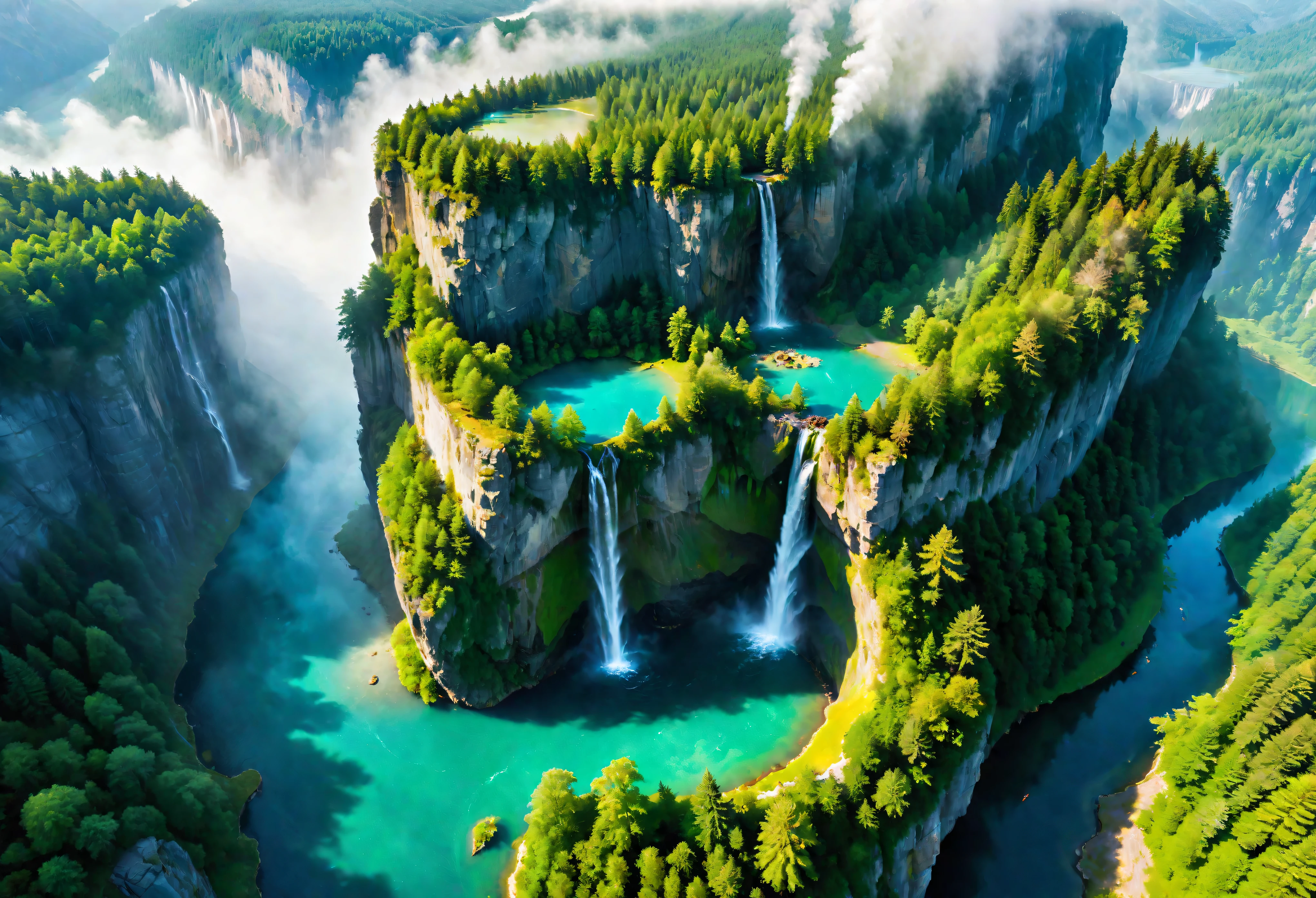 Aerial view of Towering steep and towering secret lake in a cliff, wild forest, magical mist, asymmetric secret lake cliff canyon, ((Aerial view):1.2), ((sense of extreme height):1.1), (waterfall), (mists), Coexistence with the natural environment, magic circle tower, lush wild maple forest, beautiful landscape, secret lake, extremely detailed, best quality, masterpiece, high resolution, Hyperrealistic, 8K, top-view, high angle view, BlueColor Palette, Minimalism.