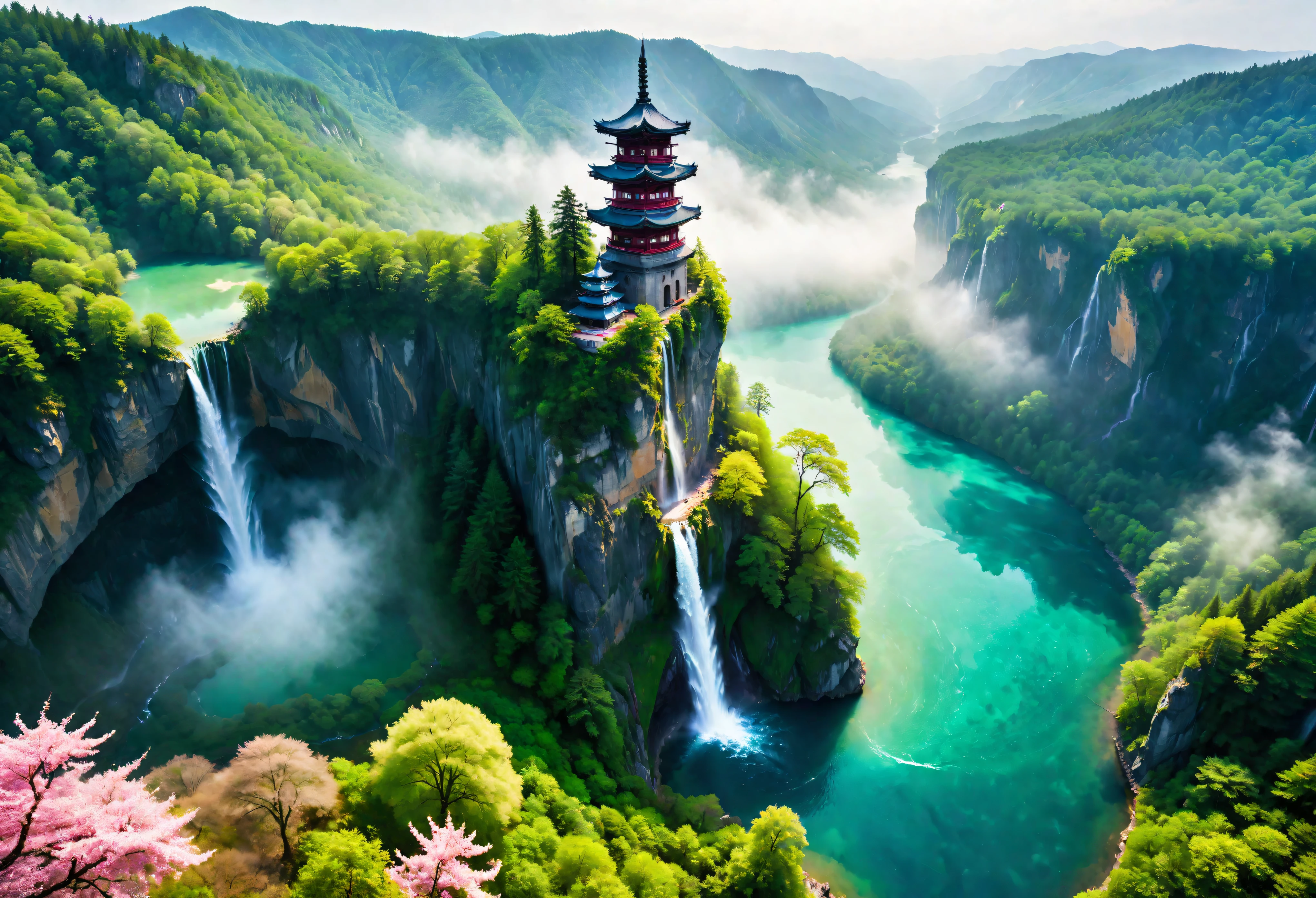 Aerial view of Towering steep and towering secret lake in a cliff, wild forest, magical mist, asymmetric secret lake cliff canyon, ((Aerial view):1.2), ((sense of extreme height):1.1), (waterfall), (mists), Coexistence with the natural environment, magic circle tower, lush wild sakura forest, beautiful landscape, secret lake, extremely detailed, best quality, masterpiece, high resolution, Hyperrealistic, 8K, top-view, high angle view, BlueColor Palette, Minimalism.