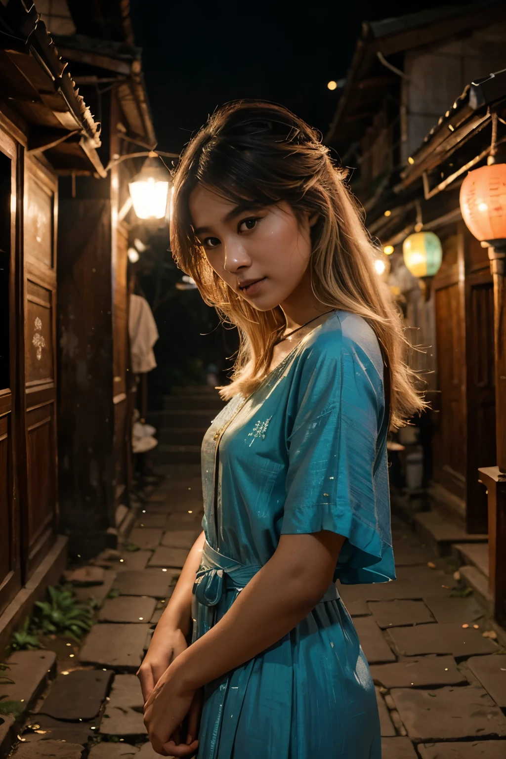 Aiman in Chiang Mai: Under the ethereal glow of lanterns illuminating Chiang Mai's ancient temples, Aiman stands, a vision of contrast and harmony. Clad in a flowing dress that whispers tales of the night, her hair—a captivating blend of cool blonde with streaks of pink and blue—catches the soft light, reflecting the vibrant spirit of Thailand's cultural heart. Her skin, textured and real, bears the marks of her journeys, each flaw a story of discovery shot through the lens of a Canon EOS 5D Mark IV. In this moment, Aiman embodies the spirit of adventure—raw, unfiltered, and profoundly beautiful. Against the backdrop of the night, she is a masterpiece of realism and dreams, a traveler caught between the ancient soul of Chiang Mai and the boundless sky. Her gaze, intense and inviting, draws you into a world where every detail is a brushstroke on the canvas of her travels.