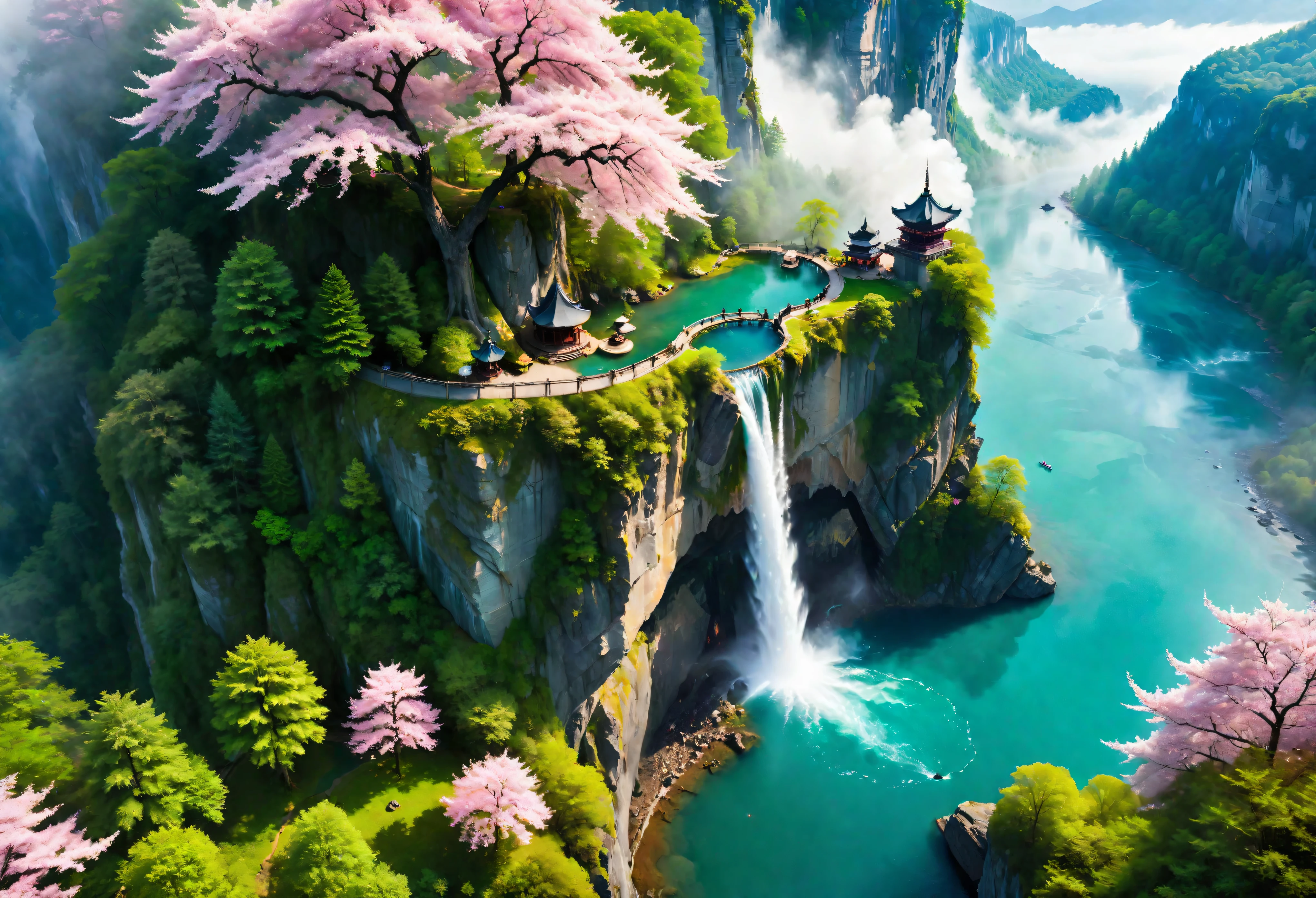 Aerial view of Towering steep and towering secret lake in a cliff, wild forest, magical mist, asymmetric secret lake cliff canyon, ((Aerial view):1.2), ((sense of extreme height):1.1), (waterfall), (mists), Coexistence with the natural environment, magic circle tower, lush wild sakura forest, beautiful landscape, secret lake, extremely detailed, best quality, masterpiece, high resolution, Hyperrealistic, 8K, top-view, high angle view, BlueColor Palette, Minimalism.