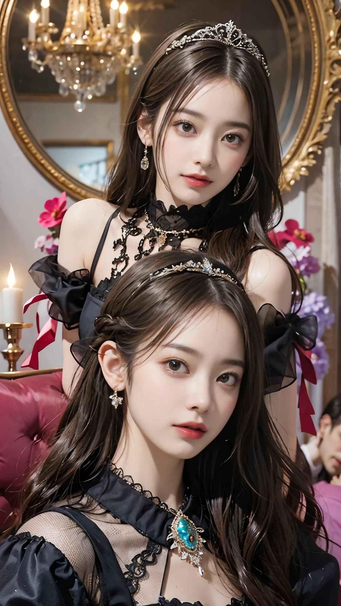 Noble Princess、gothic ta fashion,baroque palace, (Turkish colorful chandelier),(Turkish/Moroccan colored mosaic chandelier),big breasts, valley,The sculpture model is attractive, (1 girl:1.3)、realistic pictures、Photoreal:1.4 , official art、Super detailed、beautiful and aesthetic、beautiful face、masterpiece、highest quality、((on the bed、Please sleep on your back、from directly above))、spread your legs wide、raise your heels、Pose provoking a man、Eyes that invite、ecstatic expression、small ass、big breasts、baroque jewelry necklace、baroque style gloves、The most beautiful skin in the world、baroque jewelry earrings、The most gorgeous gravure idol pose in the world、the most attractive body in the world、The whole body is reflected、((sensational gaze:1.2))、ecstasy face、climax expression、look up、look at viewer、((I can not stand it:1.5))