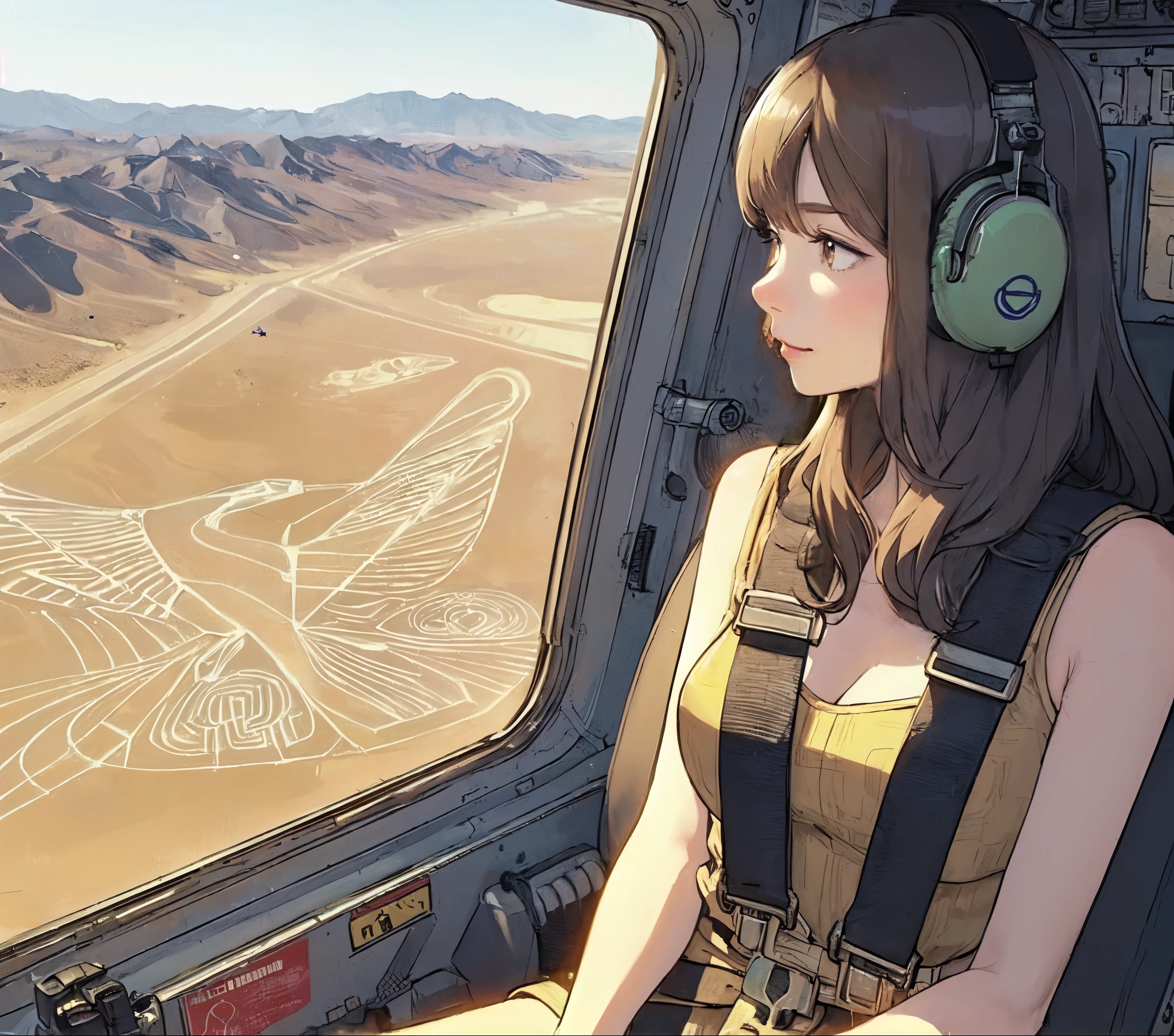 1lady solo, profile, sitting, (from side), (from above), (looking down at ground painting), (stylish calm outfit), mature female, /(light brown hair/) bangs, (headphone), light smile, (masterpiece best quality:1.2) delicate illustration ultra-detailed, large breasts, (wearing seatbelt) BREAK ((Geoglyph of hummingbird:1.2) spread out below), (geometric pattern) (simple lines), (Nazca Lines:1.2) BREAK (helicopter seat) indoors, window, (Geoglyph), desert, detailed background