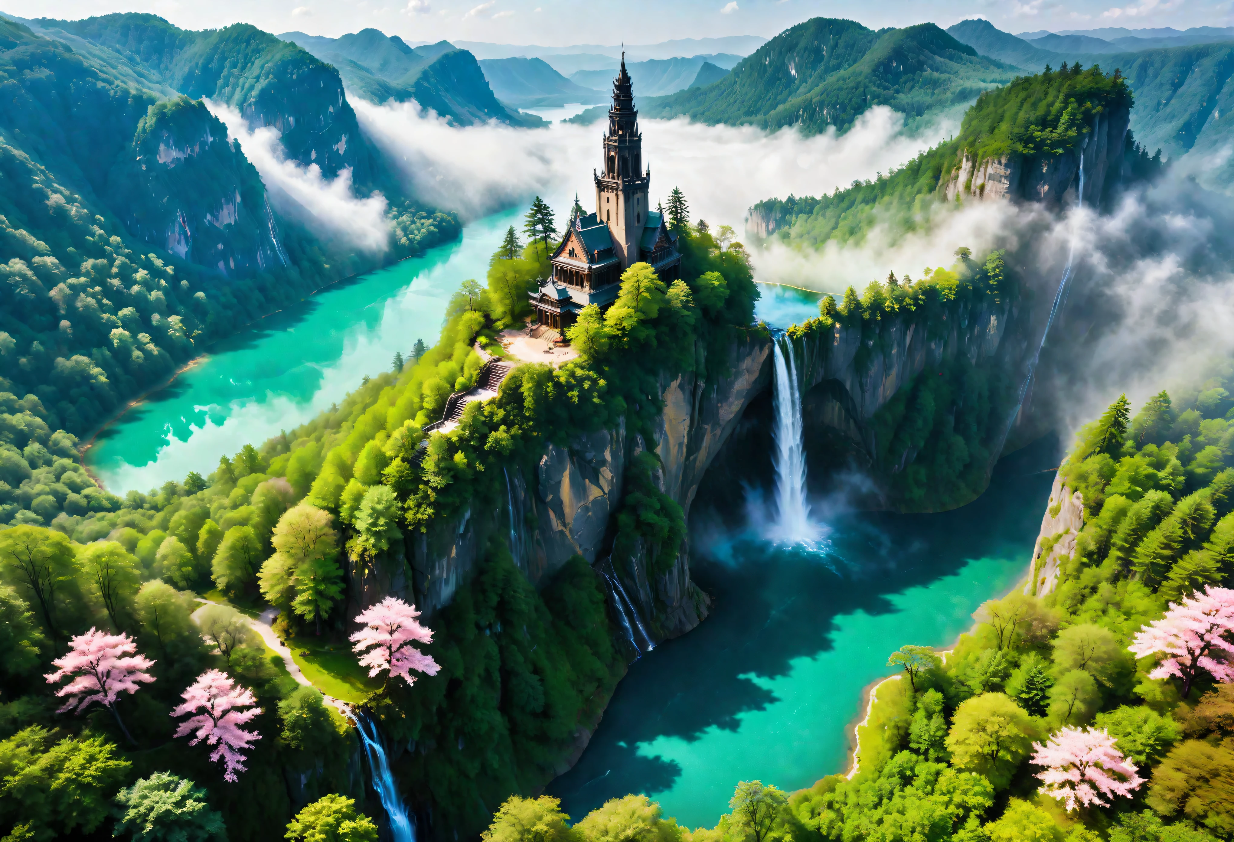 Aerial view of Towering steep and towering secret lake in a cliff, wild forest, magical mist, asymmetric secret lake cliff canyon, ((Aerial view):1.2), ((sense of extreme height):1.1), (waterfall), (mists), Coexistence with the natural environment, magic circle tower, lush wild sakura forest, beautiful landscape, secret lake, extremely detailed, best quality, masterpiece, high resolution, Hyperrealistic, 8K, top-view, high angle view, BlueColor Palette, Minimalism.