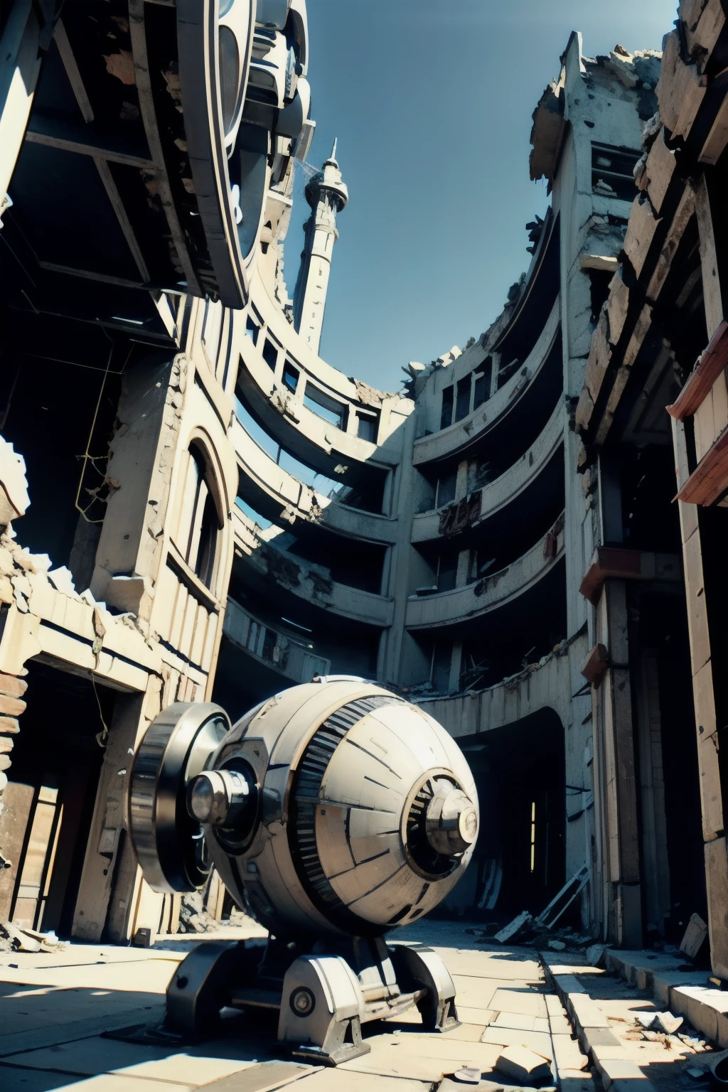 year 2200, the world is in ruins, only buildings and machines remain, sci-fi color, cosmic light, sci fi image, ultra hd, ratio 4:3