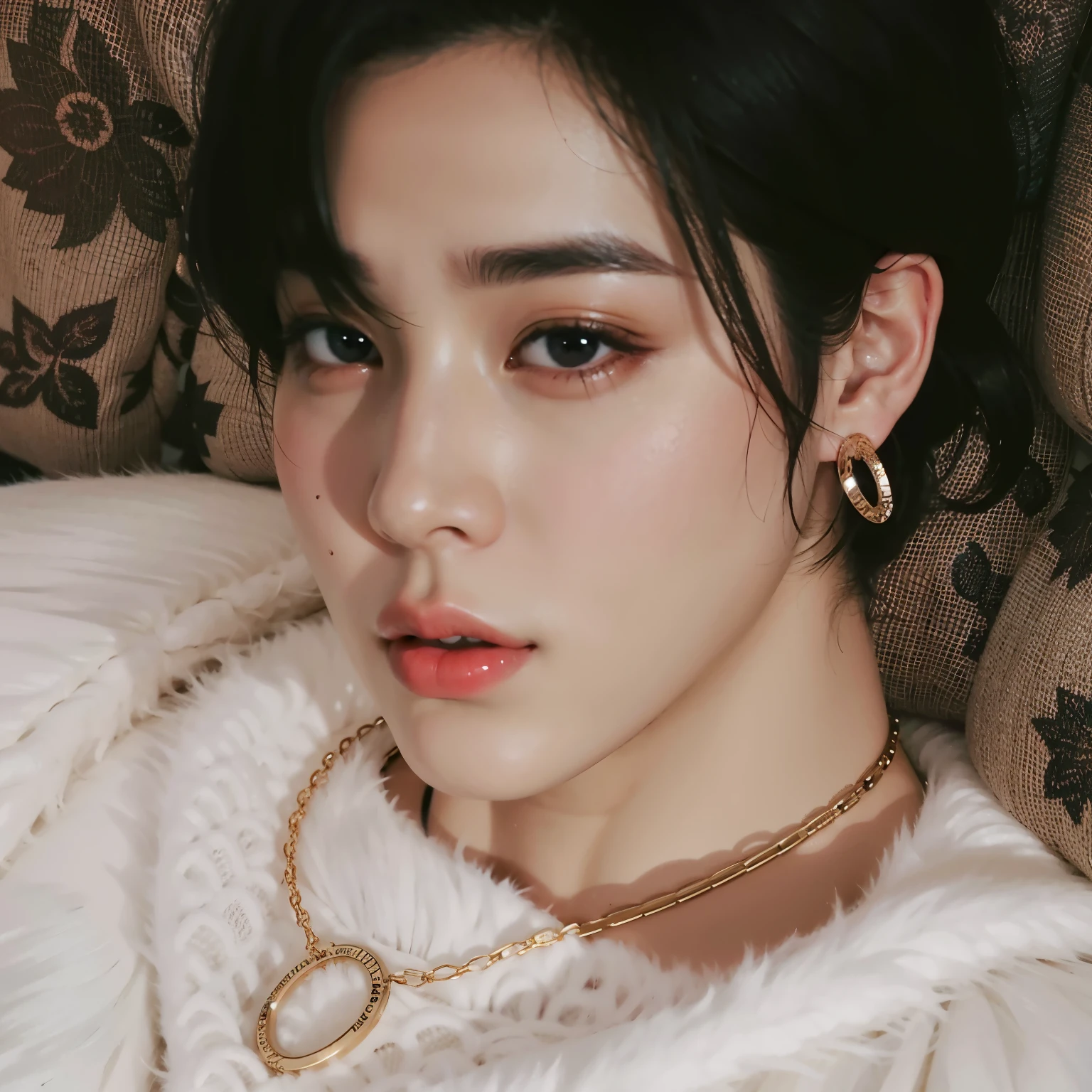 Close-up of a person lying on a sofa wearing a sweater, Jimin\o nariz grego, Jimin\the right eyelid is swollen, Jimin\the full lips, Jimin, Parque Jimin, Kim Doyoung, Jung Jaehyun, rosto preciso do Jimin, Jinyoung Shin, hyung tae, Retrato de Jossi do Blackpink, Cai Xukun, taejune kim, sardas, fios soltos, cabelo cacheado, curly hair, olhos redondos